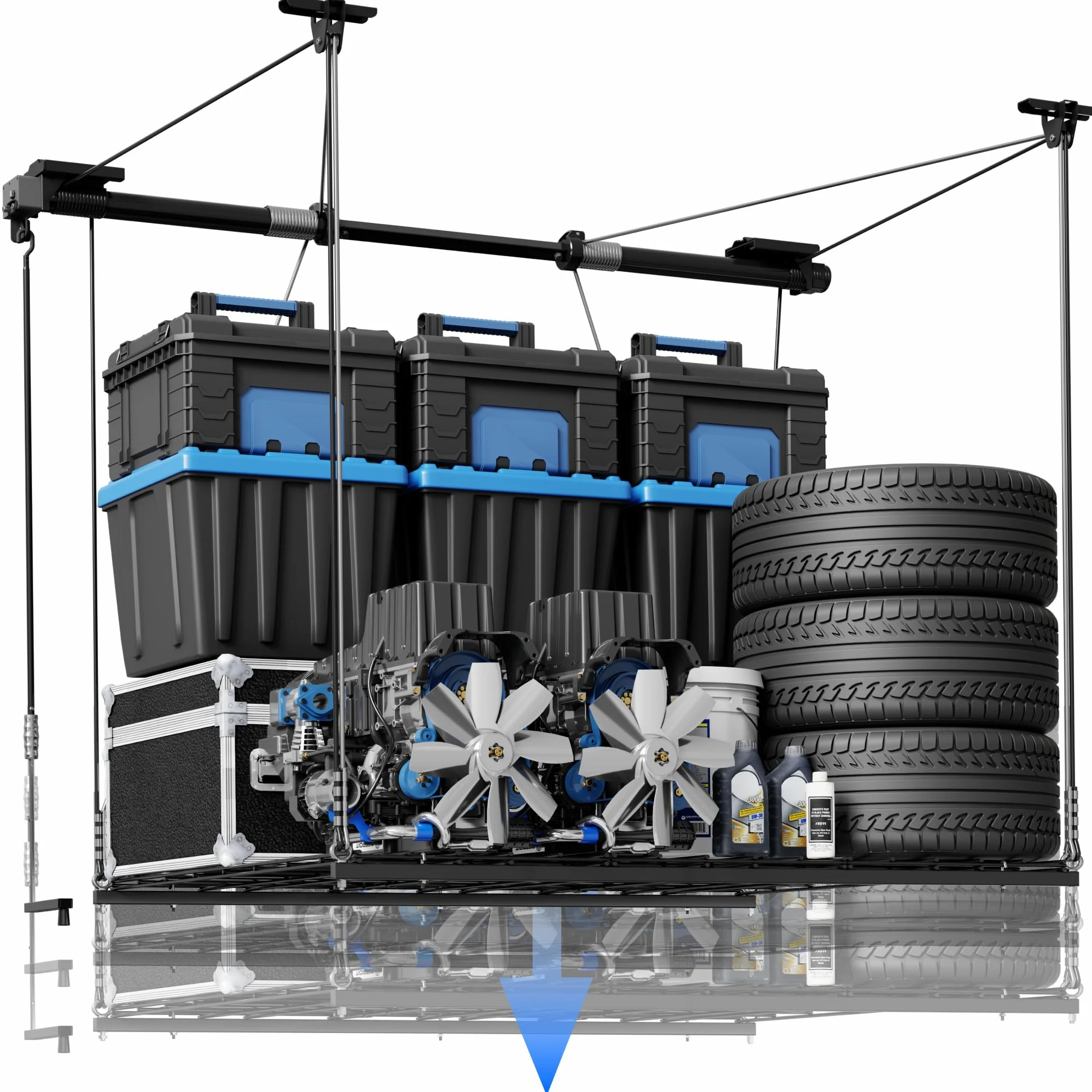 FLEXIMOUNTS GL1 - Scaffale di sollevamento per garage, 1,2 x 1,2 m, in metallo resistente, sistema di organizzazione regolabile con asse da 180 cm, peso 136 kg, nero