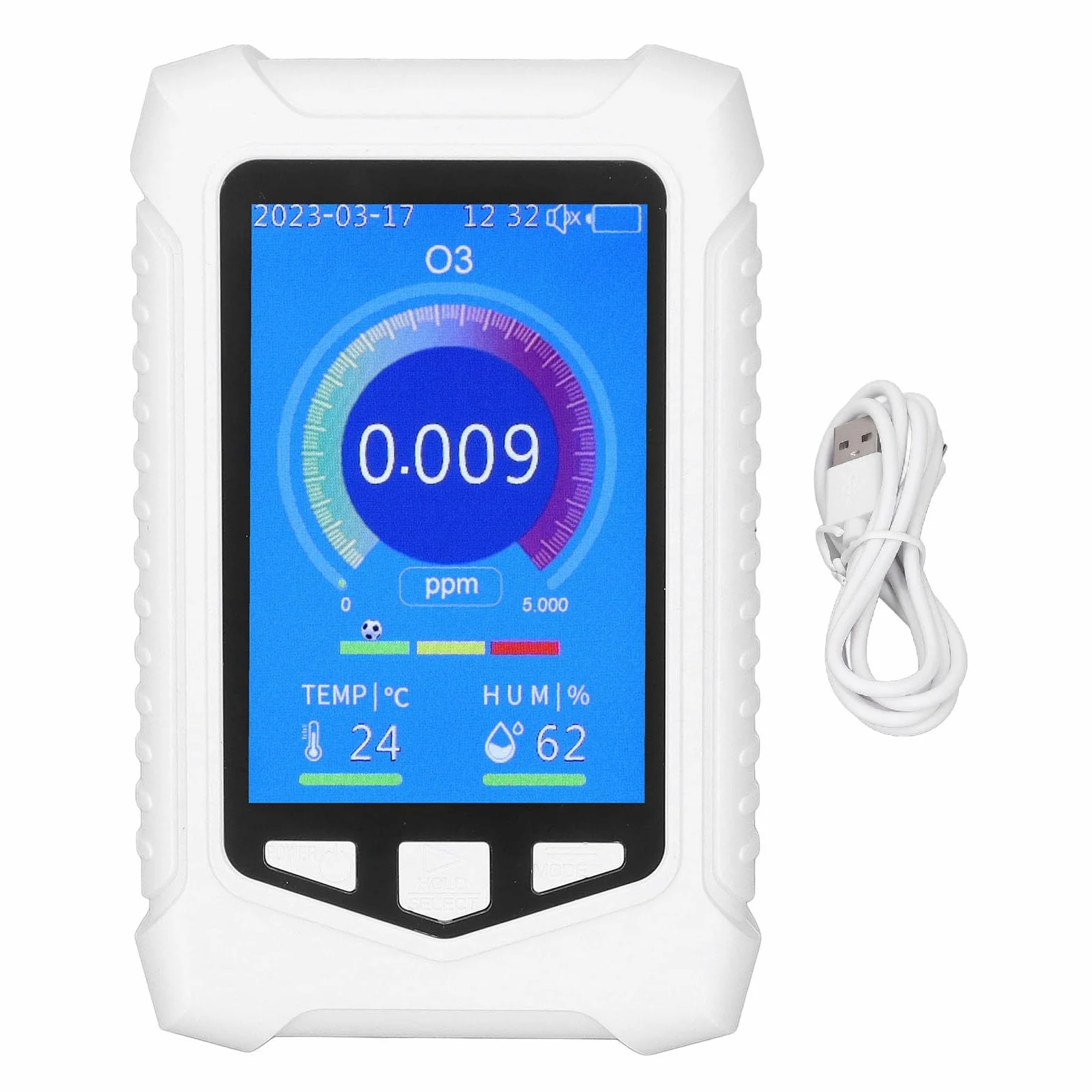 Rilevatore Ozono Portatile LCD con USB e Allarme Regolabile 0-10ppm per Monitoraggio Qualità Aria Casa e Laboratorio