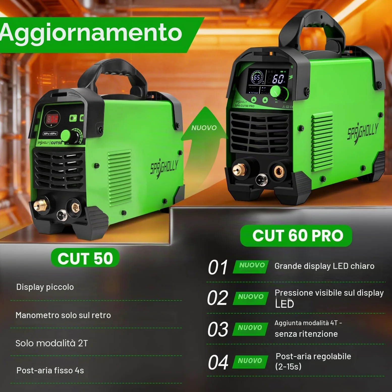 CUT60 PRO 60A IGBT Taglierina al Plasma 240V - Taglio max acciaio 16mm, taglio pulito 10mm - Display LED digitale, modalità 2T/4T, protezione sovraccarico, avvio facile