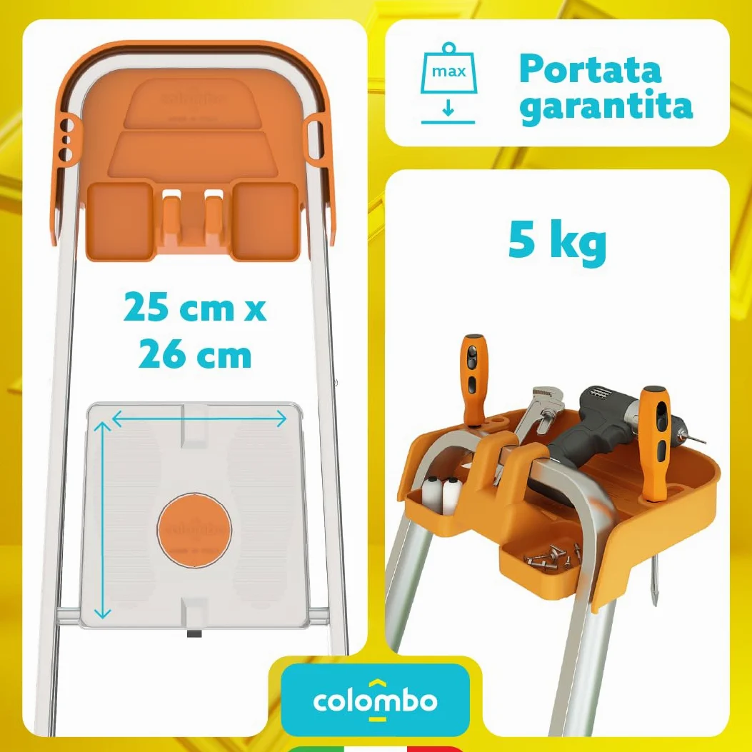 Colombo Scala Pieghevole Alluminio Attica 3/4/5/6/7/8 Gradini Senza Rivetti | Scala 8 Gradini Robusta con Piattaforma e Vaschetta Portautensili | Portata 150kg | Conforme EN131 TÜV-GS | Made in Italy