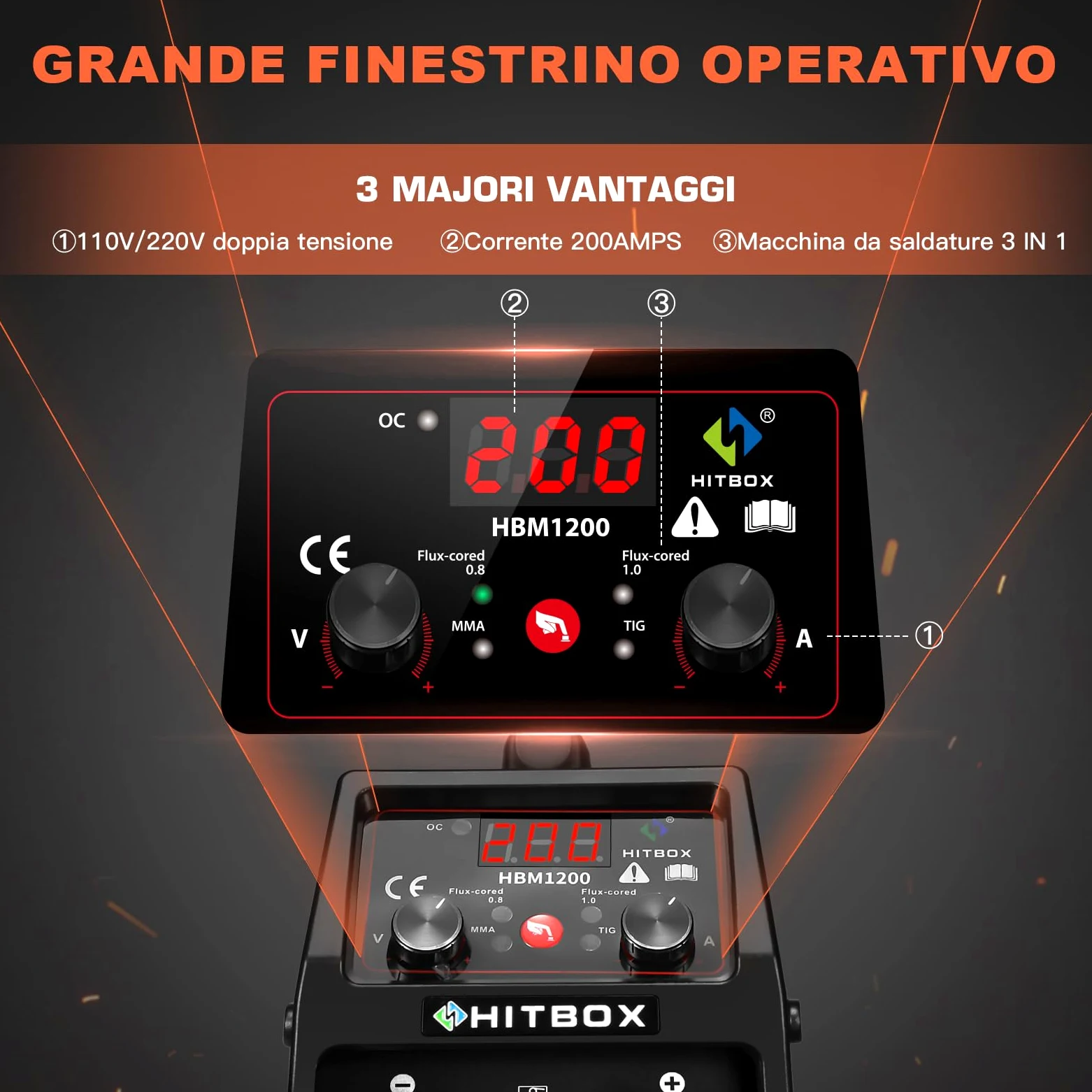 HITBOX Saldatrice a Filo Continuo 200A, 3-in-1 Saldatrice MIG/ARC/LIFT TIG, Inverter Portatile 230V IGBT con Torcia e Filo Ø0,8mm, Ideale per Principianti (HBM1200)