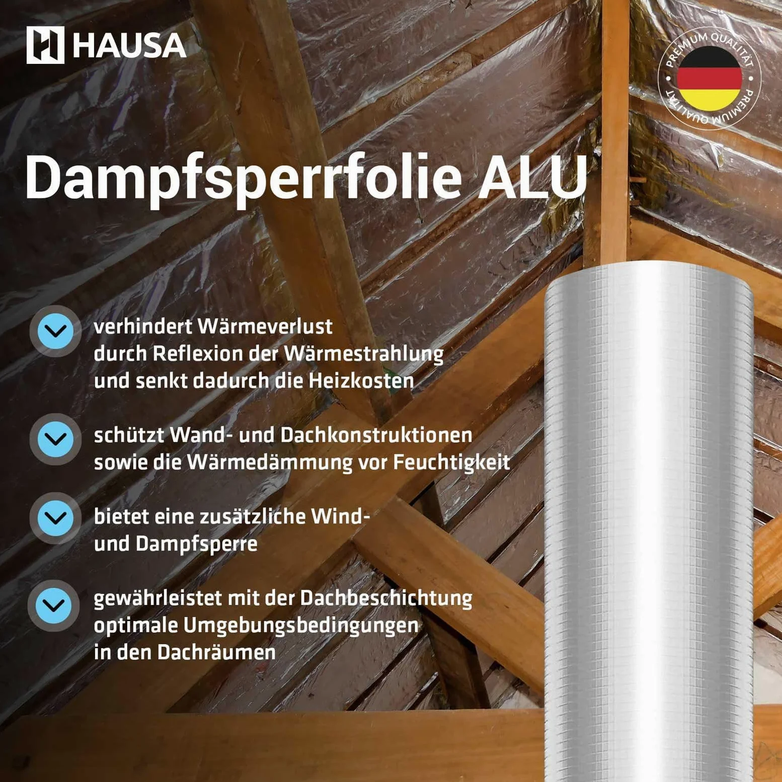 HAUSA Pellicola protettiva anti-condensa ALU 150m² (2x1,5mx50m) Binario di blocco vapore in alluminio per tetto, soppalco, parete, soffitto, rafforzata con fibra di vetro, extra resistente alla