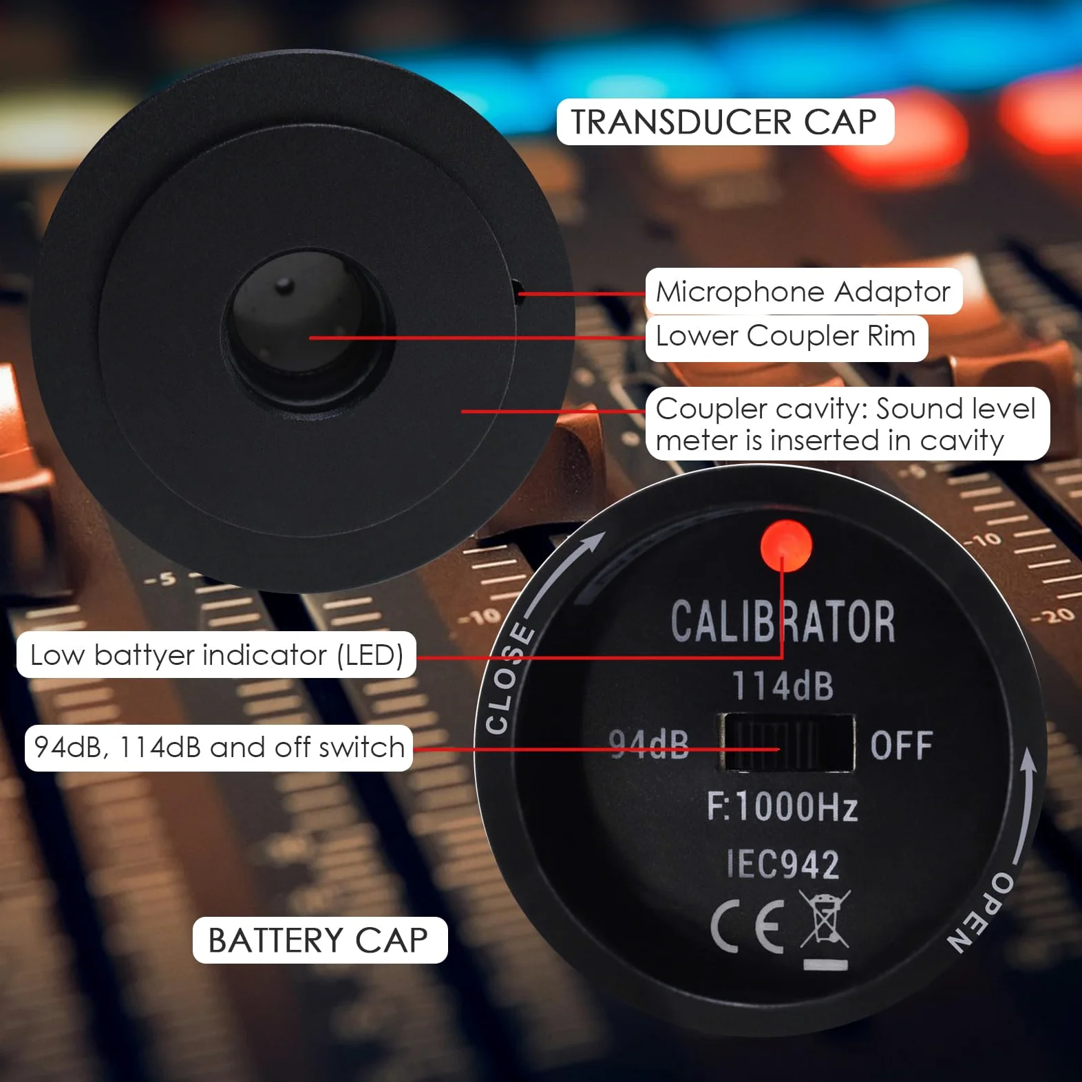 Calibratore Tester digitale per il livello sonoro del suono per fonometro 94dB e 114dB Uscita Classe I con batteria +/- 0.3 db Precisione per microfono, sistema di misurazione del suono