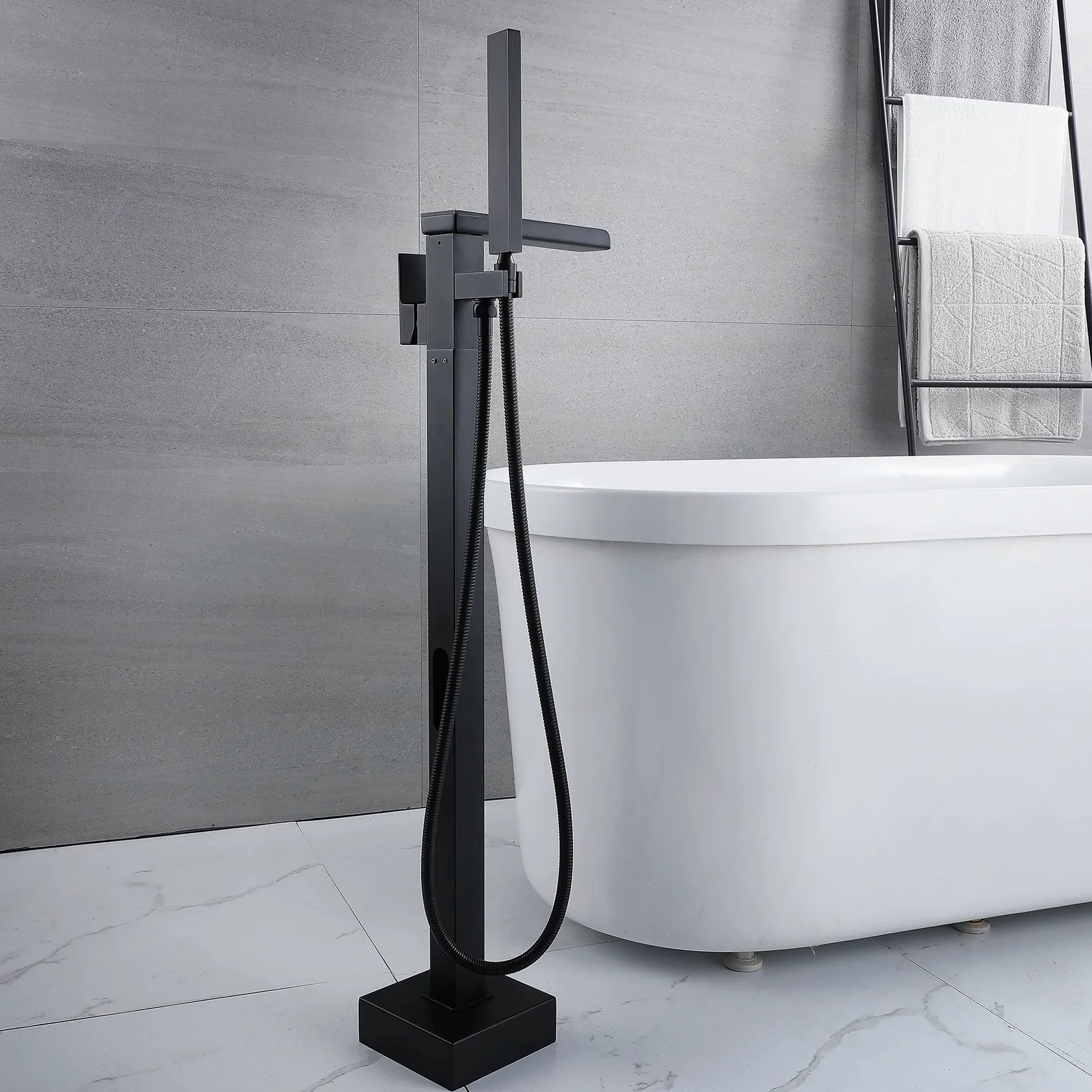 Rubinetto Per Vasca Pavimento In Piedi Da Bagno Con Beccuccio A Cascata E Spruzzatore A Mano,Freestanding Rubinetti Per Vasca, Nero（collegamento interno）