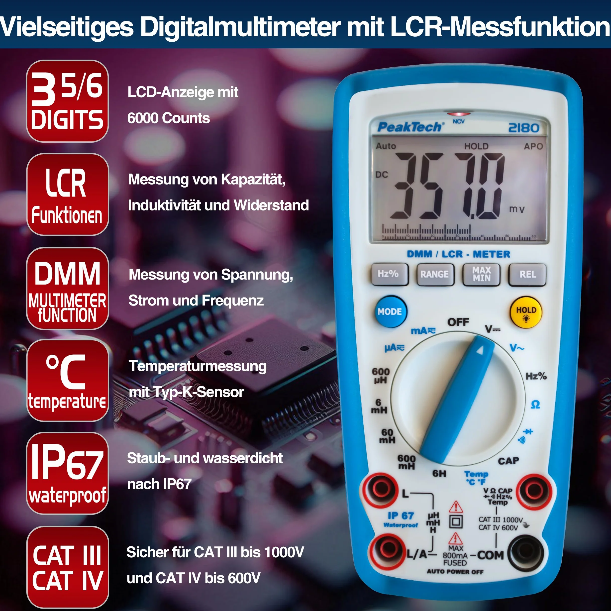 Peaktech P 2180 – Multimetro Digitale con Lcr, Resistenza, Capacità, Induttanza, 6000 Conteggi, Autorange, Amperometro, Tester di Continuità, Schermo LCD Illuminato - Cat Iii 1000 V