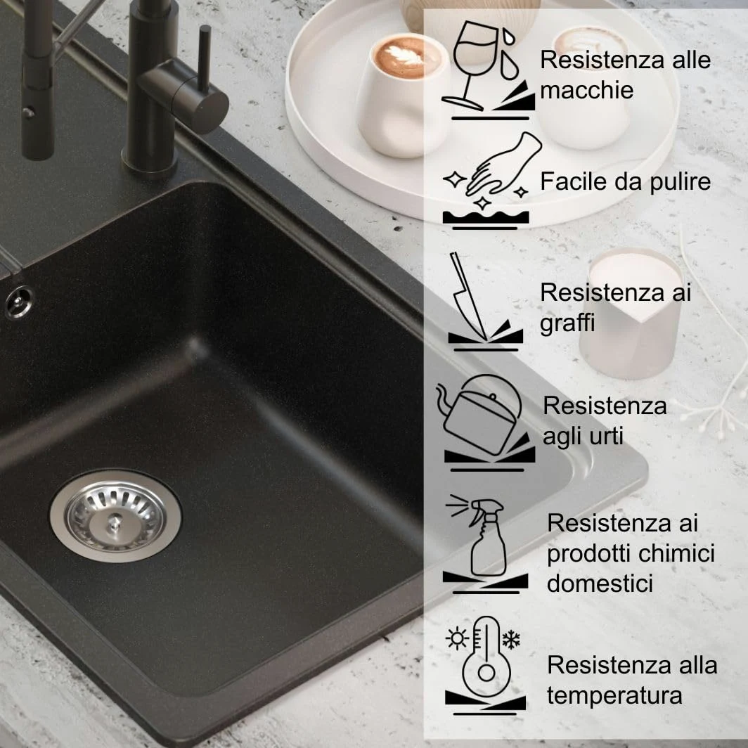 QUADRON NEAL 146 Lavello in granito per cucina, dimensioni: 100 x 50 x 21,5 cm, nero, lavello da cucina a vasca singola Set: lavello in granito + sifone manuale + tappo di copertura