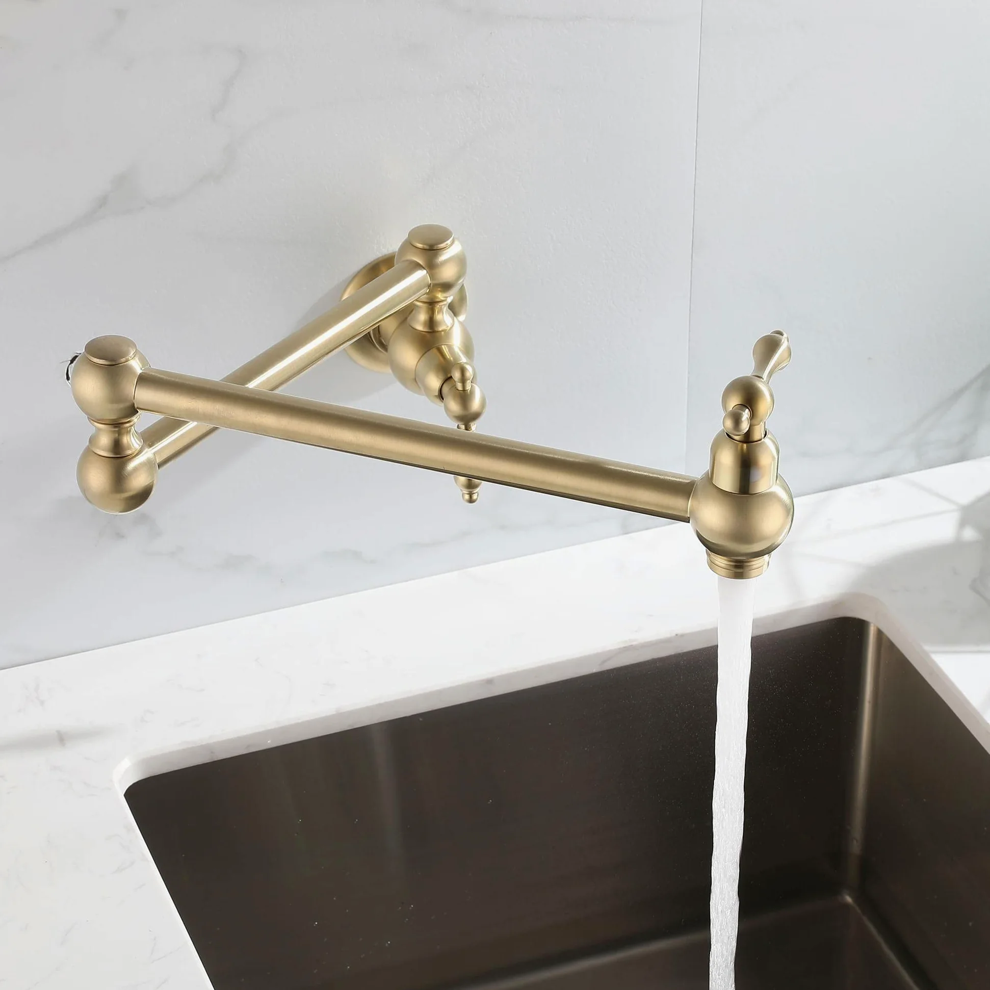 HomeLava Rubinetto da cucina a parete riempitore per pentole, Rubinetto a muro in ottone, 360° Girevole Rubinetto pieghevole estensibile doppio snodo, 2 Maniglie