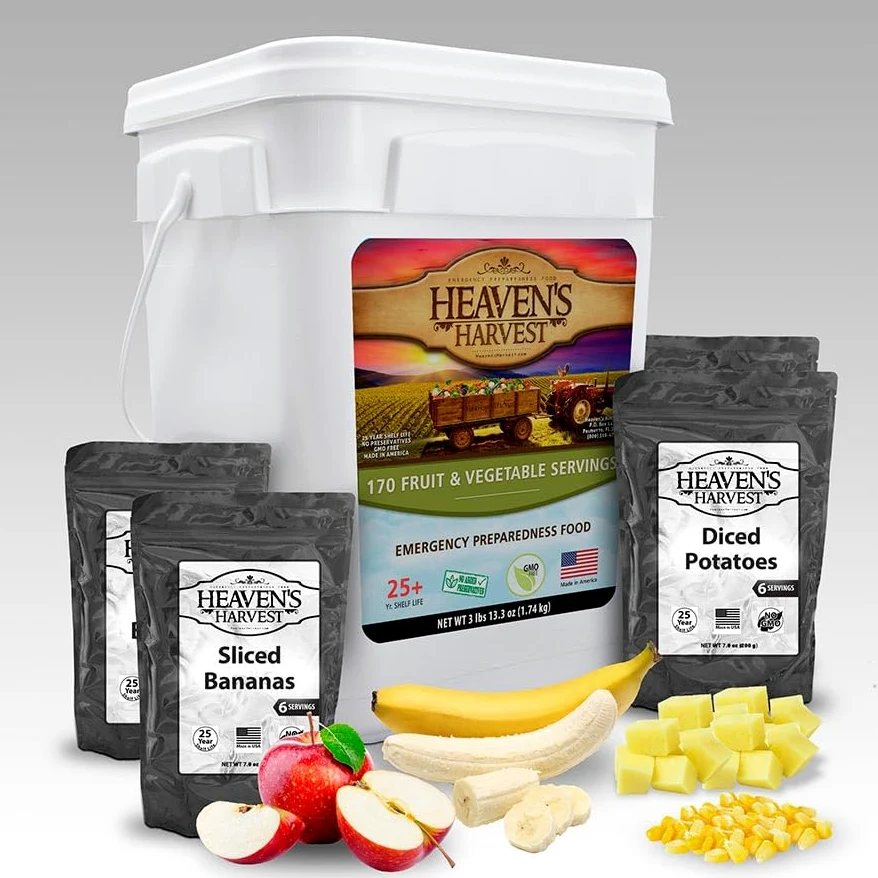Heaven's Harvest Kit alimentare per la famiglia di frutta e verdura per 25 anni - Fornitura alimentare di emergenza. Kit di sopravvivenza liofilizzato + secchio impermeabile per 25 anni. (170
