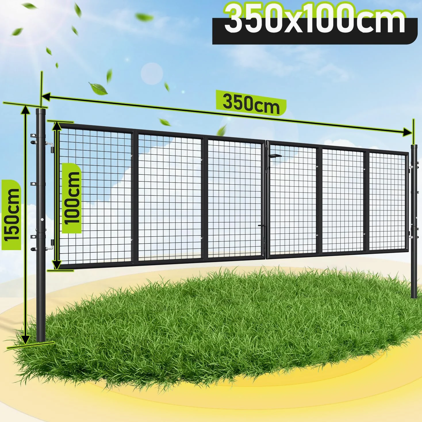 Cancello da giardino a doppia ala, 350 x 100 cm, in metallo, con manico, serratura, 3 chiavi e chiusura a pavimento, robusto, doppia anta per cancello di recinzione, antracite