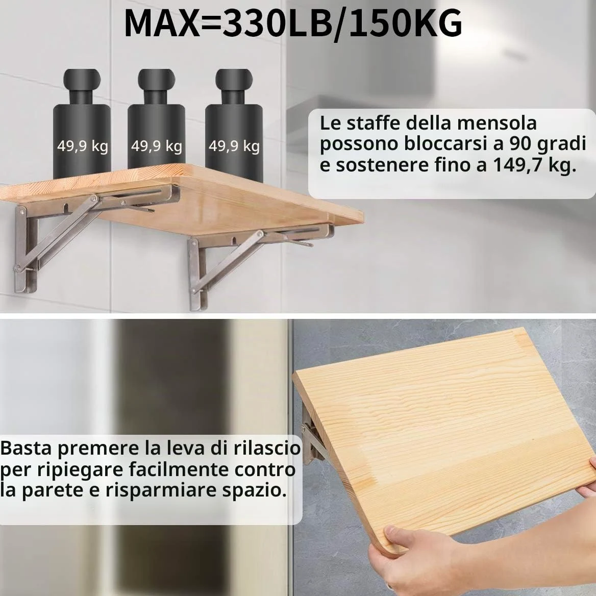 YUMORE Staffe Pieghevoli per Mensole 400mm,YUMORE Reggimensola Pieghevole Inox Supporti per Mensole Pesanti Tavolo da Parete Salvaspazio fai-da-te Staffe Triangolari, Carico Massimo 150kg, [2 Pezzi]
