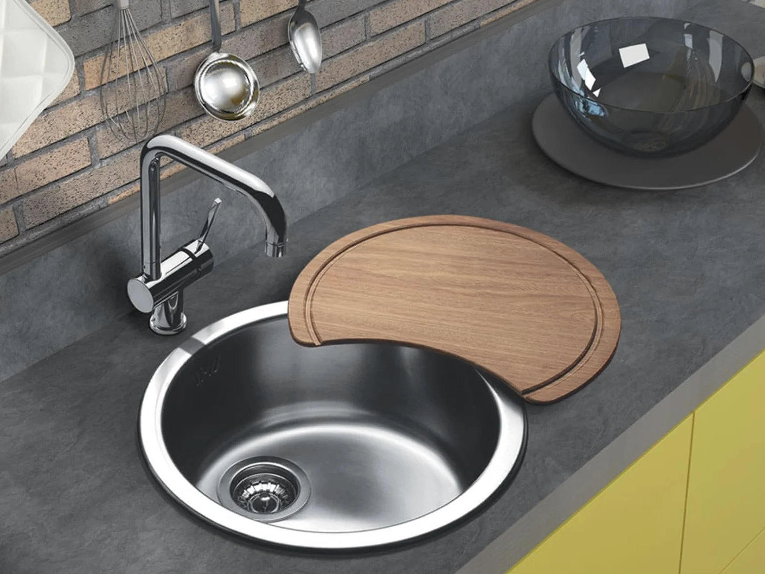 Lavello Cucina Circum CIVIIBC, Tondo Inox Spazzolato, Ø 43,5 cm, Altezza 20 cm, Incasso made in Italy