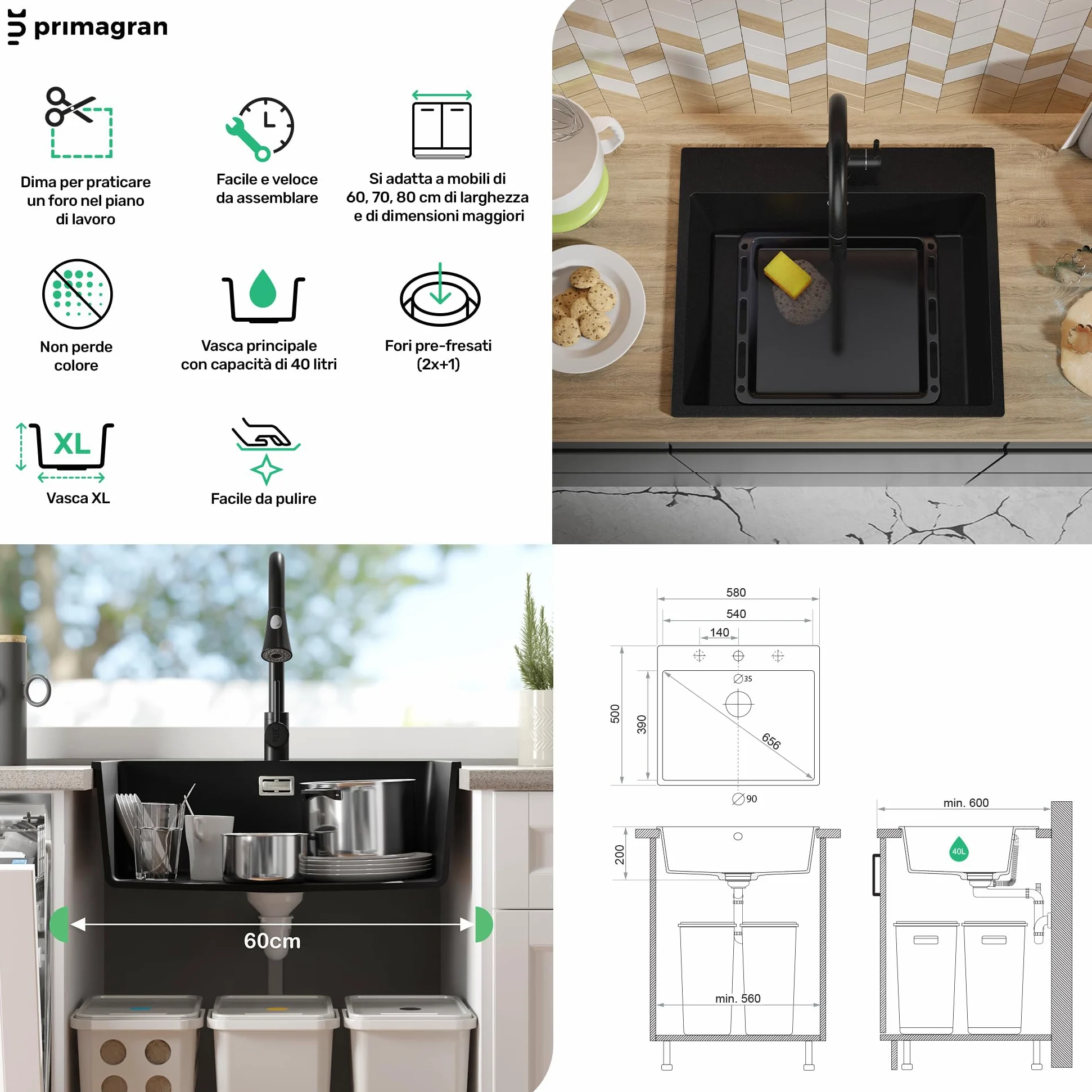 PRIMAGRAN Lavello da Cucina Tutto Bianco 58x50cm, Lavandino in Granito a 1 vasca + Sifone Classico, Lavabo da Cucina Incasso al Mobile 60cm - Riga S312