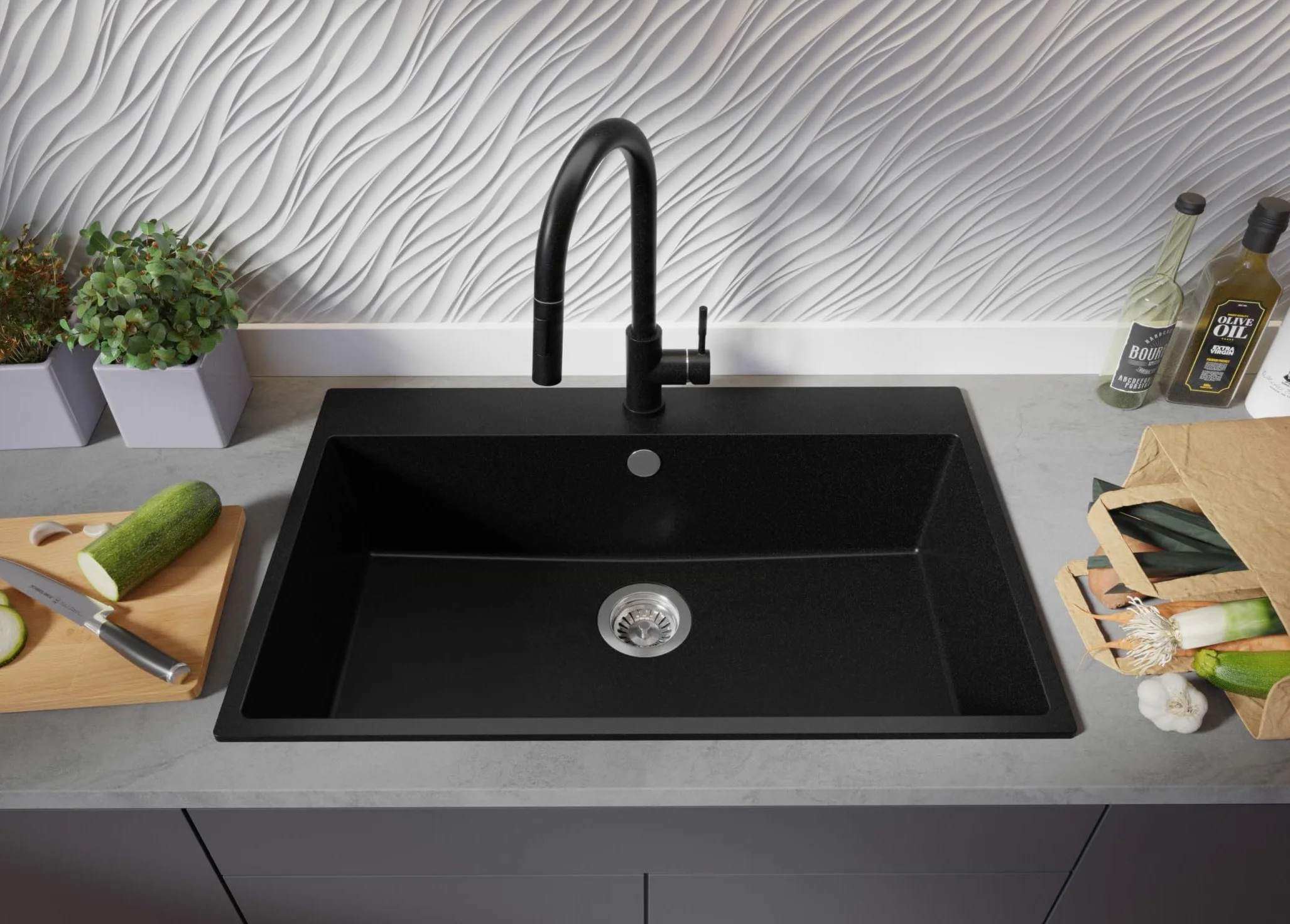 PRIMAGRAN Lavandino da Cucina Tutto Nero 78x50cm, Lavello in Granito a 1 vasca + Rubinetto 40x20cm + Set di accessori, Lavabo da Cucina Incasso al Mobile 80cm - Riga S483