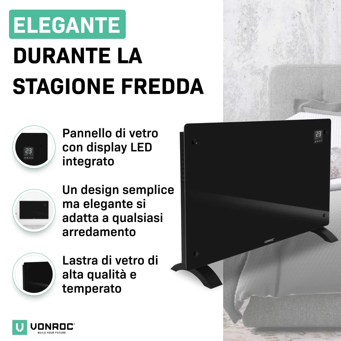 VONROC Riscaldatore elettrico di lusso | Termoconvettore smart a pannello in vetro - 2000W - | Controllo manuale e Wifi Nero