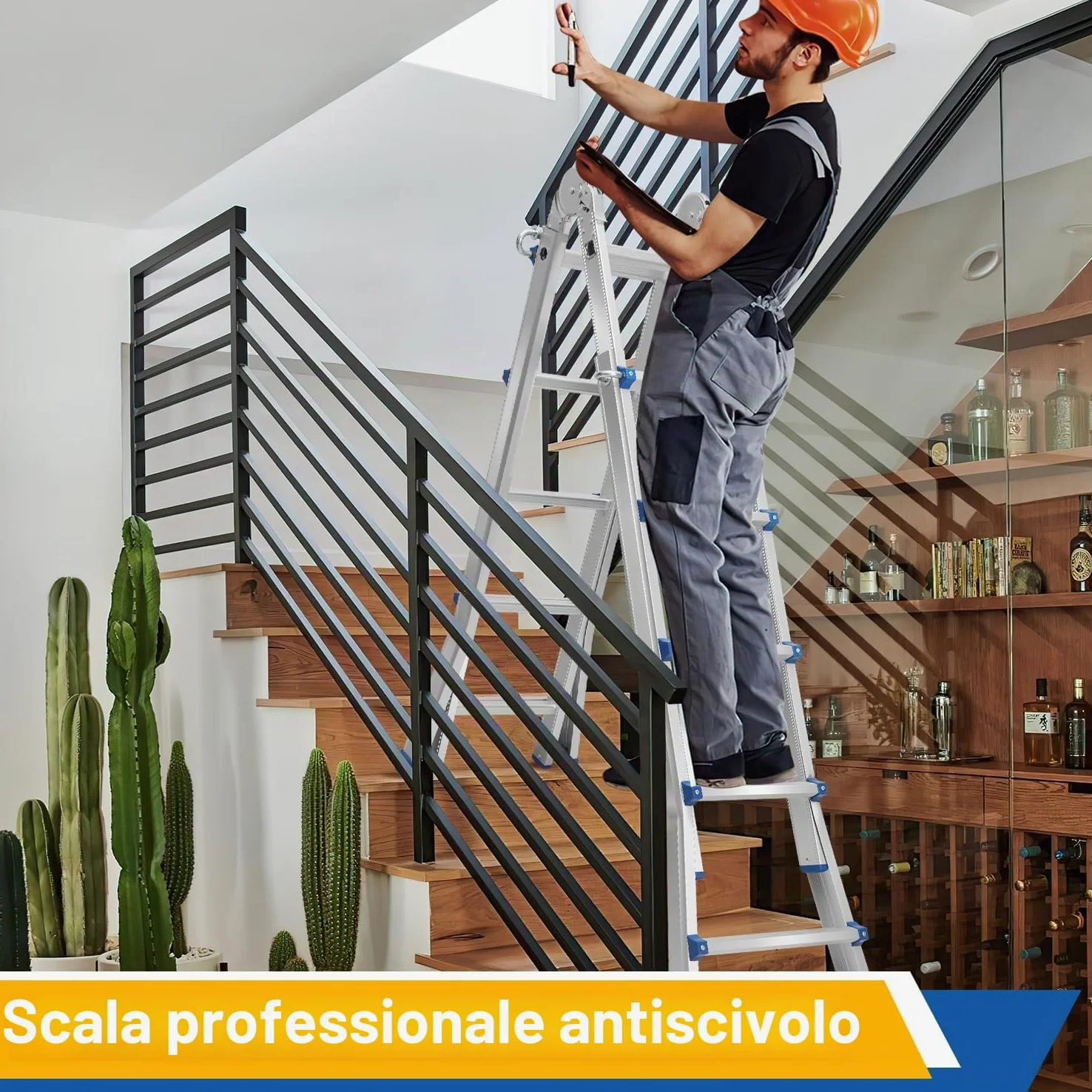 Scala Multiuso in Alluminio 4 in 1 - 513 cm, 4 x 5 Pioli, Telescopica, Capacità 150 kg, a Scorrimento Con Supporto Su Entrambi i Lati