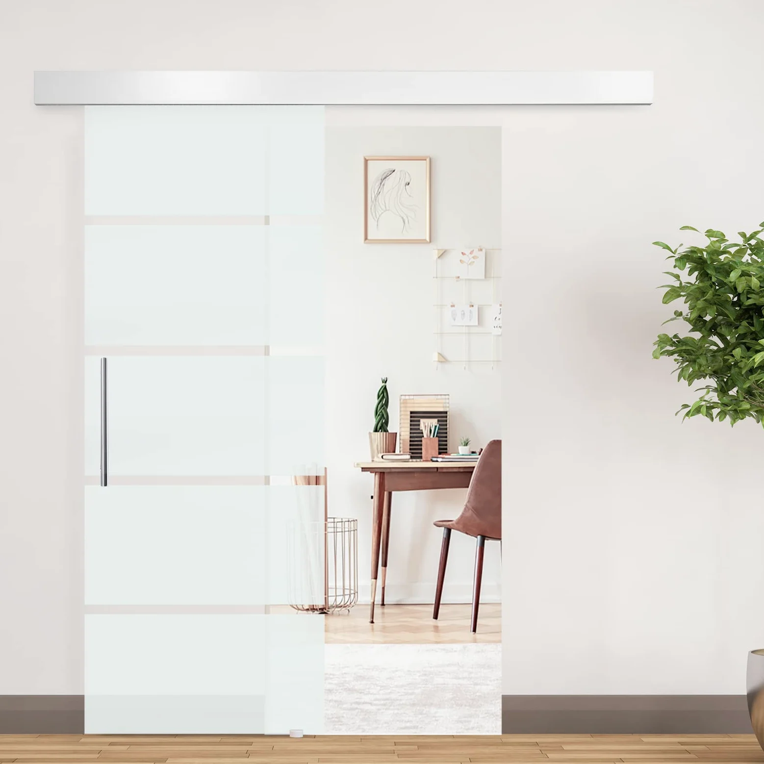 Homcom Porta Scorrevole in Vetro a Strisce con Binario in Alluminio, 75 x 210cm
