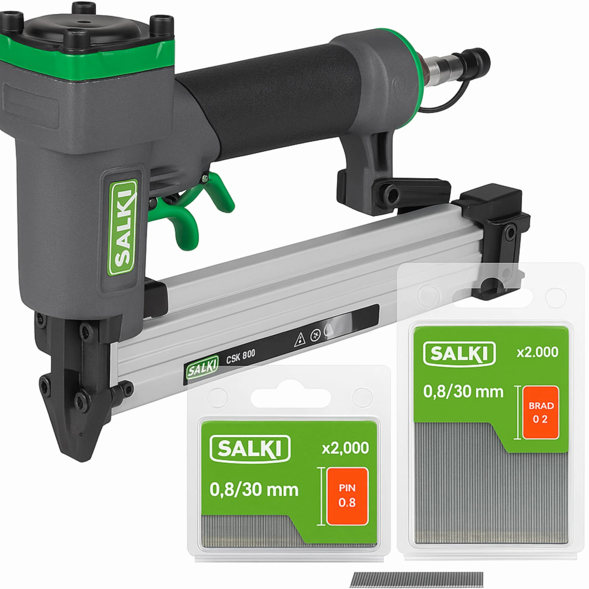 SALKI Chiodatrice ad aria compressa CSK PB08 + 2.000 pin 0,8 x 30 mm + 2.000 chiodi brad 0,8 x 30 mm | pistola per unghie ad aria compressa | morsetto per falegnameria e lavorazione del legno