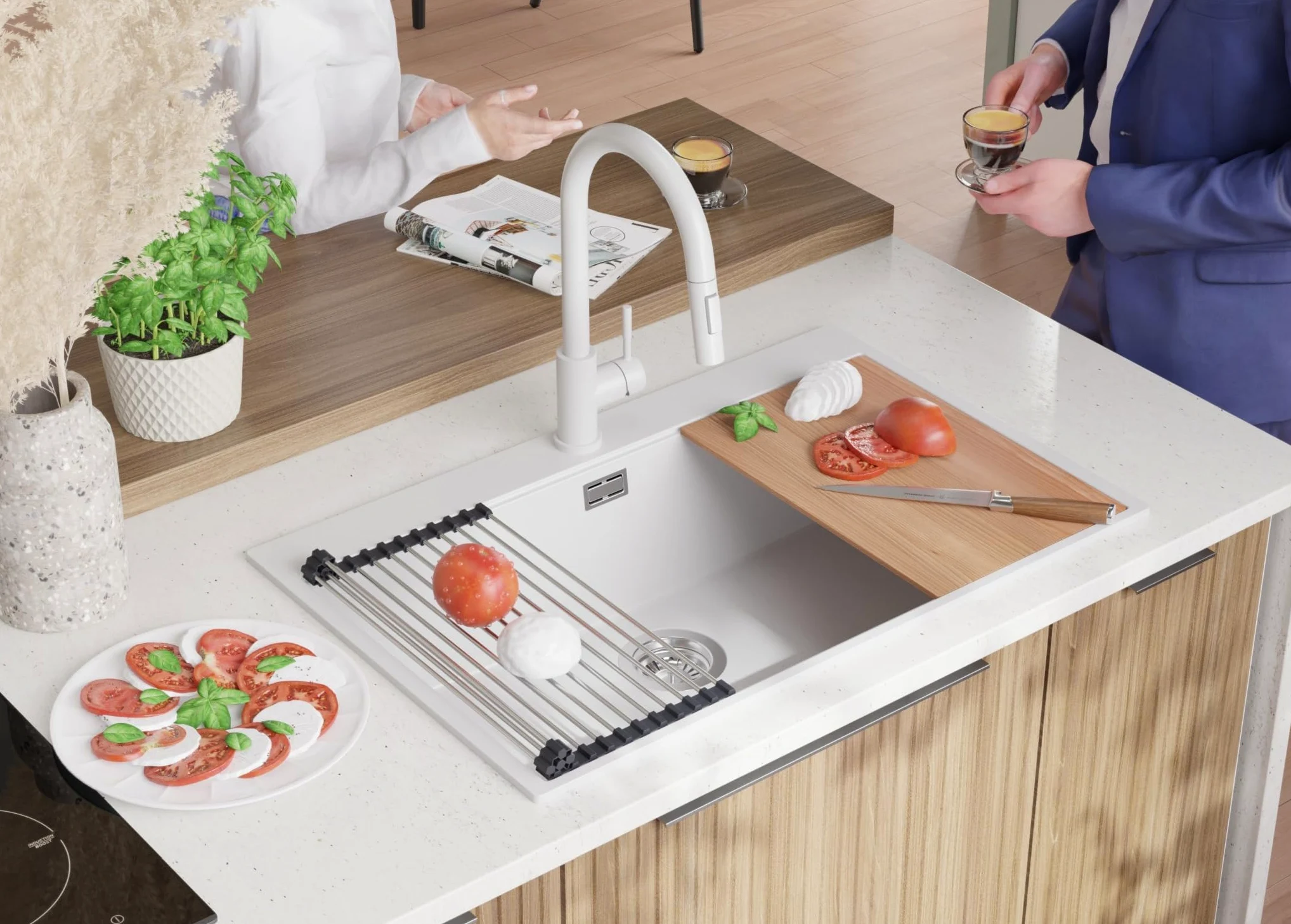 PRIMAGRAN Lavello da Cucina Bianco 78x50cm, Lavandino in Granito a 1 vasca + Set di accessori, Lavabo da Cucina Incasso al Mobile 80cm - Oslo Top S558