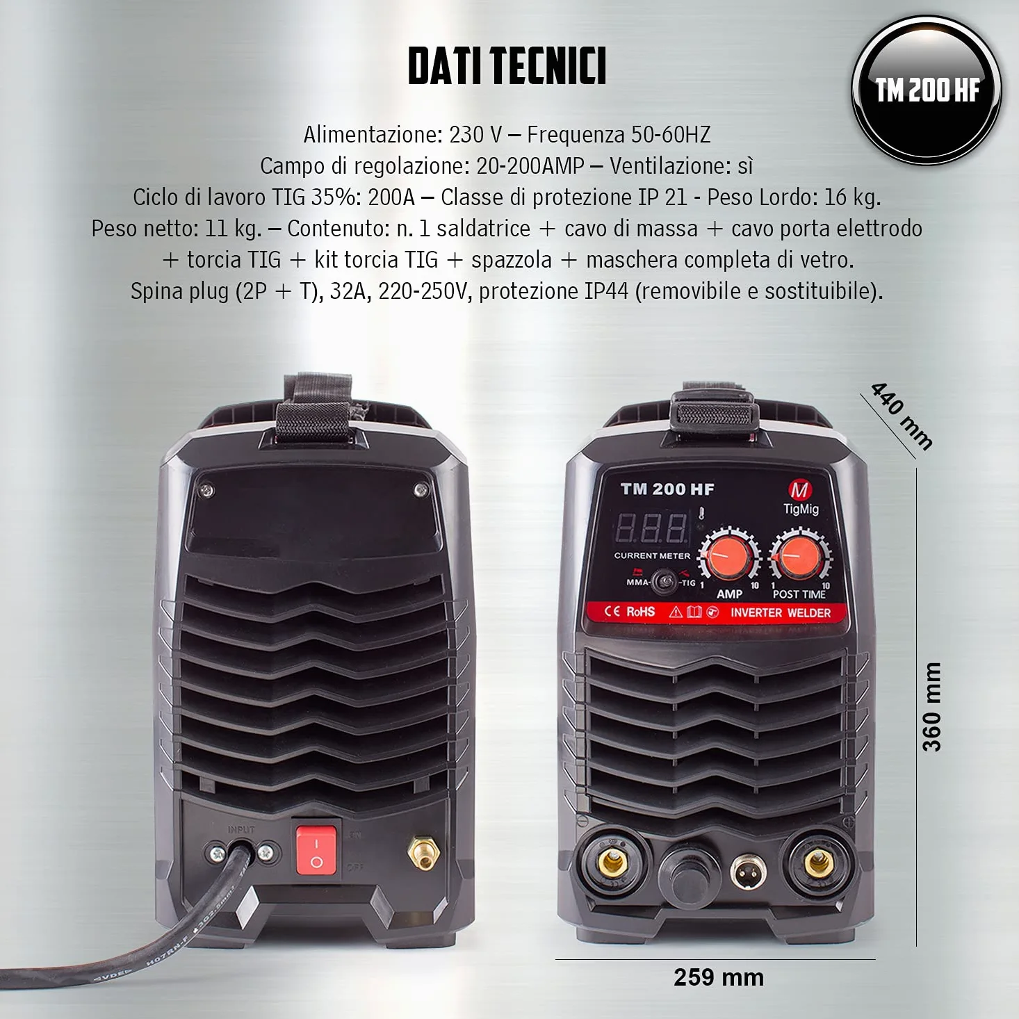 TIGMIG Saldatrice inverter DC TIG e MMA (Elettrodo), Mod. TM 200 HF, Innesco Alta Frequenza, 200 Amp, Con Accessori, Funzioni Hot Start, Arc Force, Anti-sticking in modalità MMA, Portatile, Compatta