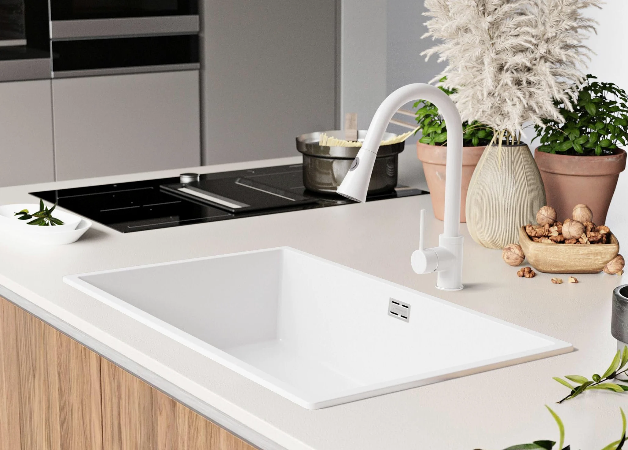 PRIMAGRAN Lavello da Cucina Bianco 76x47cm, Lavandino in Granito a 1 vasca + Sifone Classico, Lavabo da Cucina Incasso al Mobile 80cm - London Slim S478