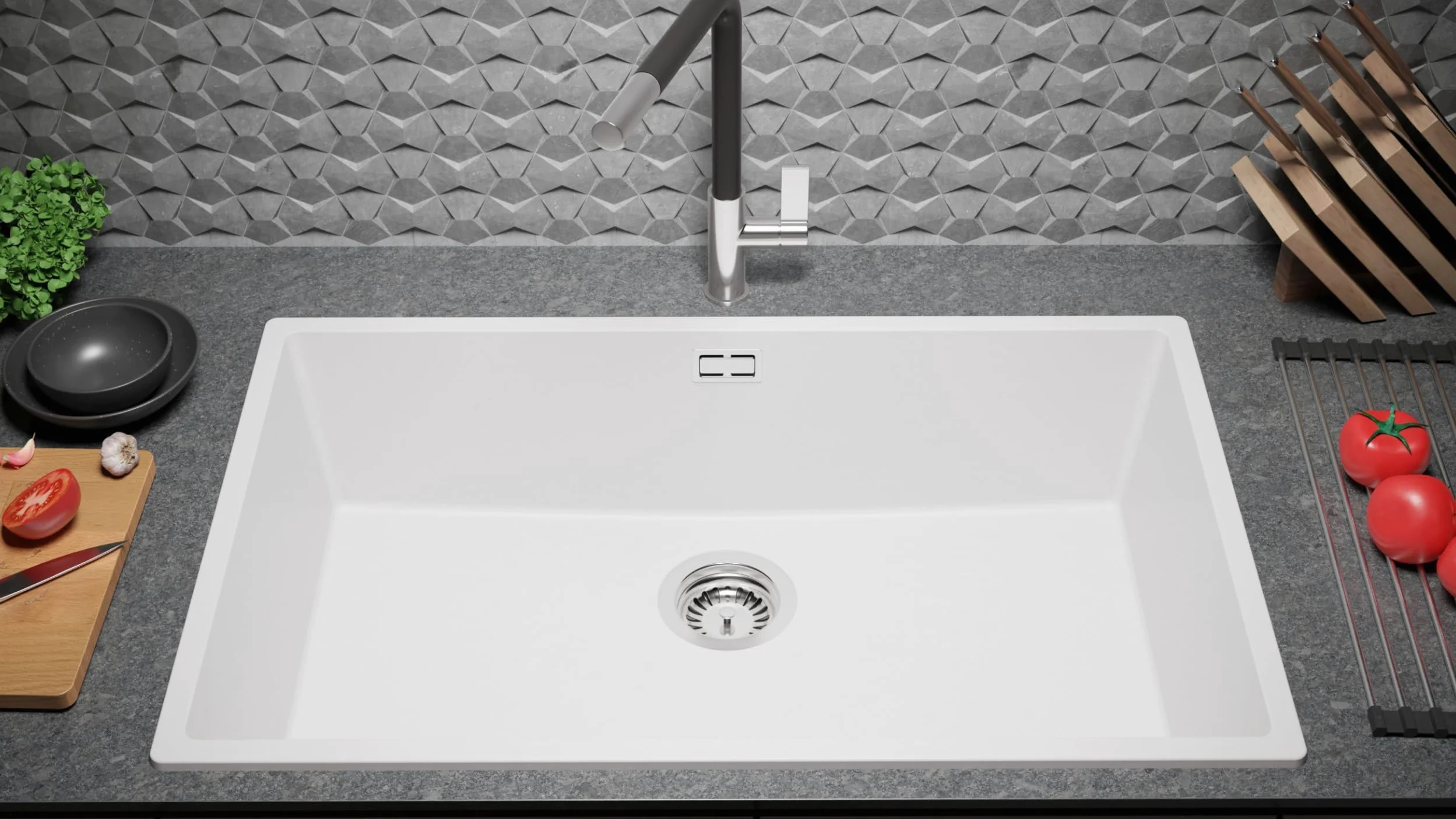 PRIMAGRAN Lavello da Cucina Bianco 76x47cm, Lavandino in Granito a 1 vasca + Sifone Classico, Lavabo da Cucina Incasso al Mobile 80cm - London Slim S478