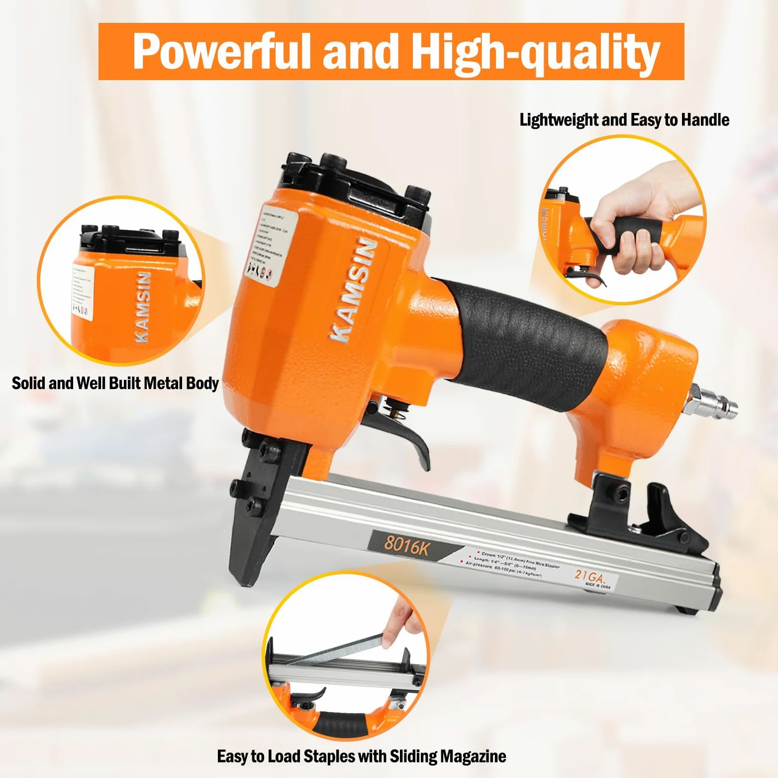 Kamsin 8016K - Pinzatrice pneumatica per tappezzeria, calibro 21, per graffette serie 80, corona 1/2" e gambe 1/4"-5/8", mobili, armadi, legno