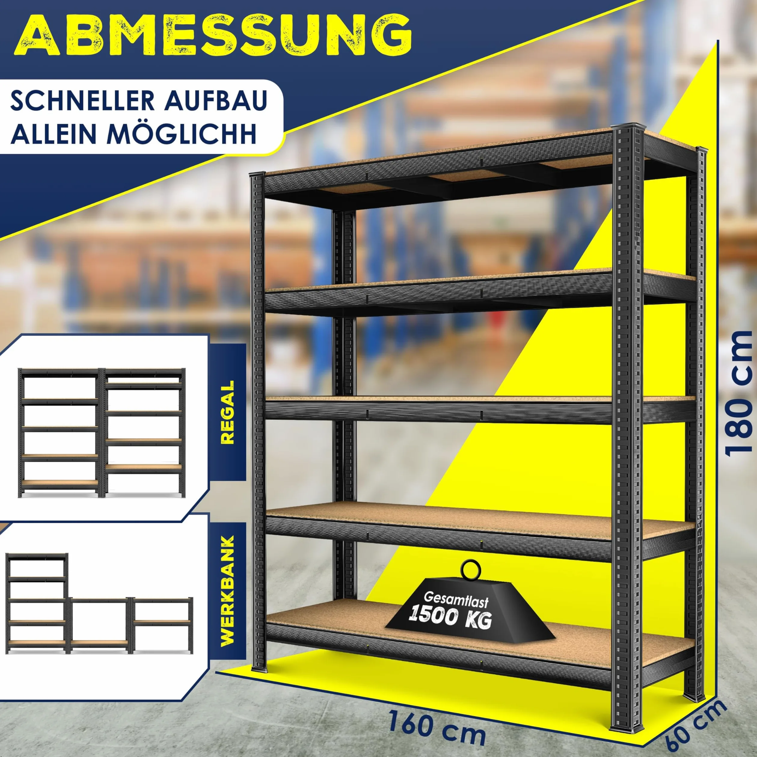MASKO Scaffale portaoggetti per carichi pesanti, 180 x 160 x 60 cm, carico massimo: 1500 kg, 5 ripiani regolabili, pannelli in MDF in metallo, ripiano ad innesto, scaffale da officina, struttura in