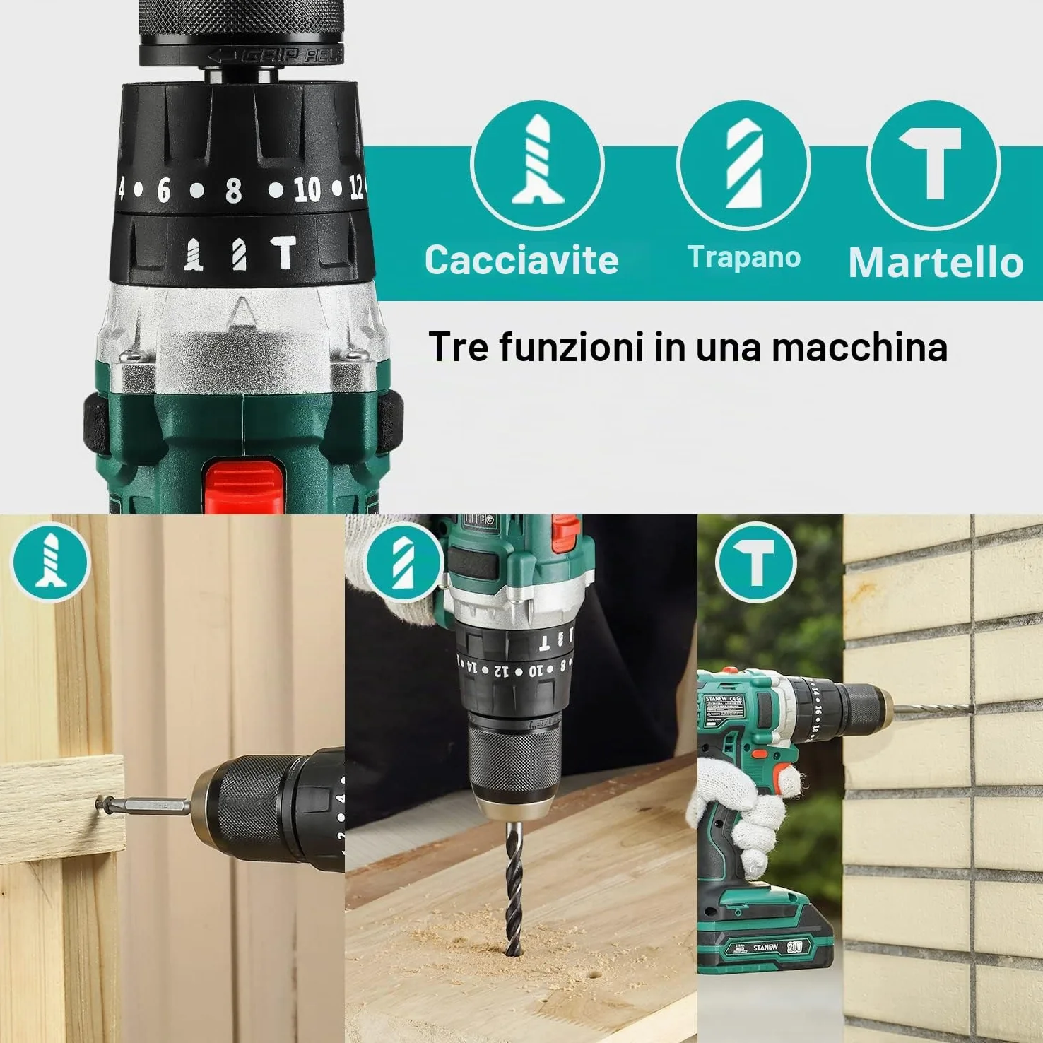 Trapani a percussione, STANEW 20V Li Trapano a Batteria,trapano a percussione 20 + 3 impostazioni,2 Batterie-1.5Ah e Valigetta,45 Nm,69 accessori+guanti professionali +valigia