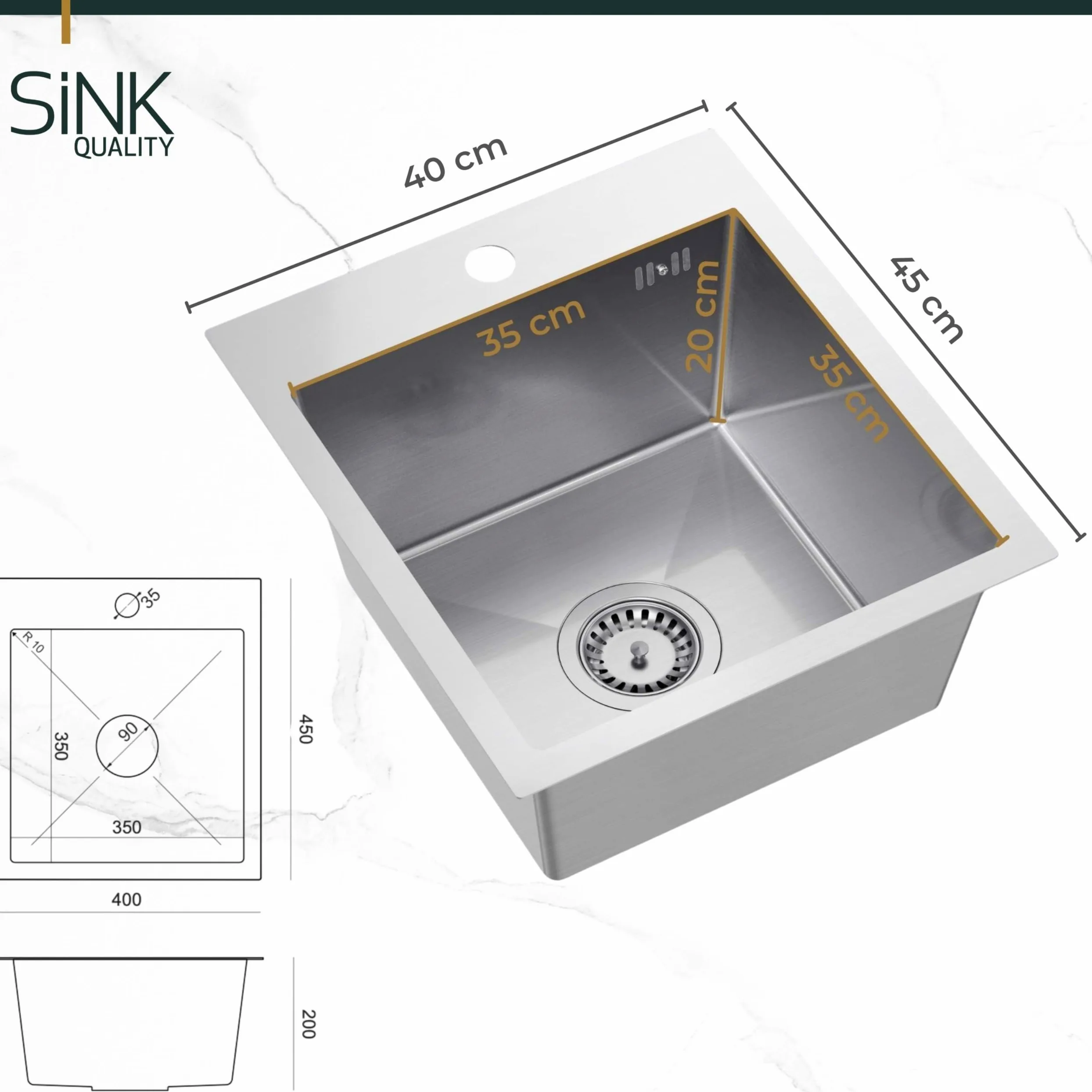 SINK Quality Lavello Cucina 40x45 cm | Acciaio Inox 304 | Vasca Singola Antigraffio PVD | Insonorizzato e Anticondensa | Sifone Salvaspazio Incluso | Ideale per Base 40 cm