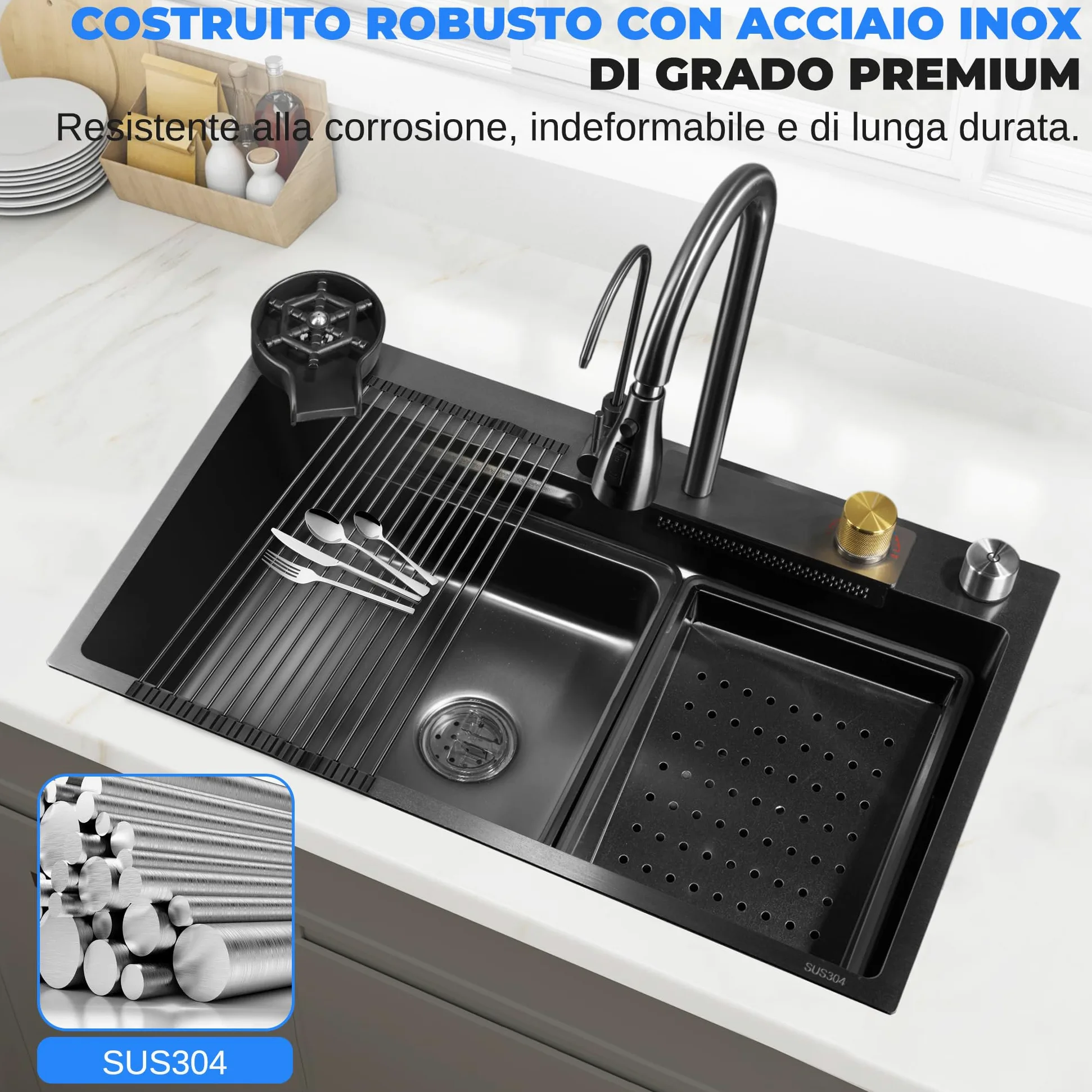 SereneLife Lavello Cucina 1 Vasca in Acciaio Inox Nero 75x46x22 cm, Lavandino Cucina con Scolapiatti, Cestello Filtro, Vassoio e Tagliere