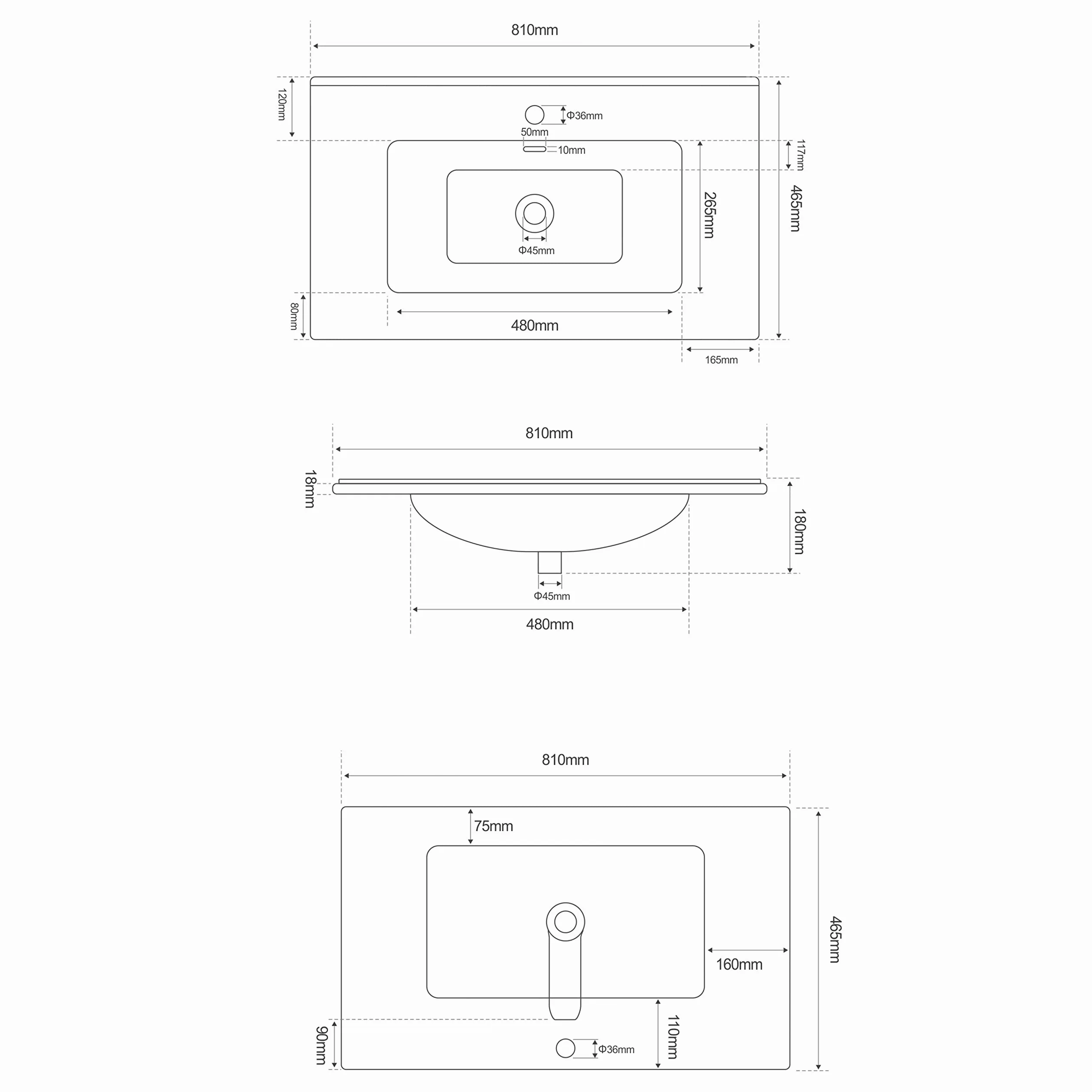 NORBE Lavabo ad Incasso (80x46 cm) in Ceramica | Lavandino Design Moderno vasca rettangolare | Finitura Bianco Lucido | Lavamani senza Piletta| Bacinella Sanitari Bagno (81 x 46,5 X 1,8 cm)