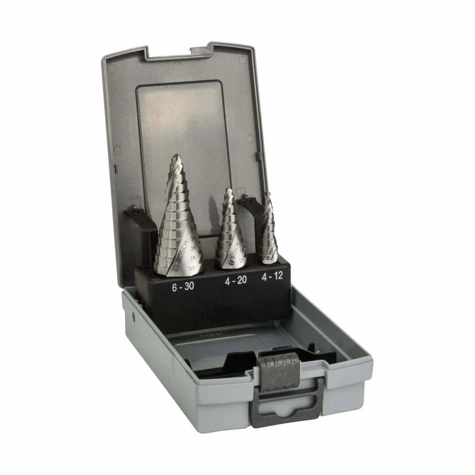 Bosch Professional 3 pz. Set di punte a gradini HSS con codolo a tripla superficie (per Metallo, Ø 4-12/4-20/6-30 mm, Accessorio per Trapani)