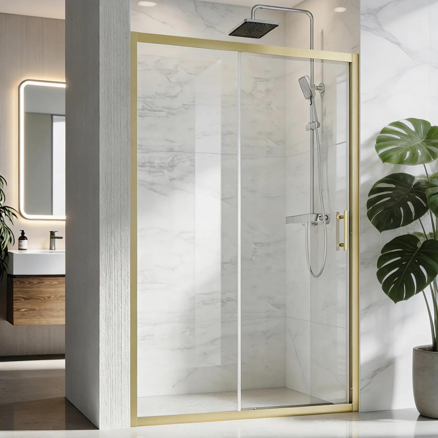 Porta scorrevole 110 x 185 cm, porta doccia in vetro di sicurezza da 5 mm, vetro trasparente (ESG) doccia con manico a forma di H, porta doccia per piccoli bagni