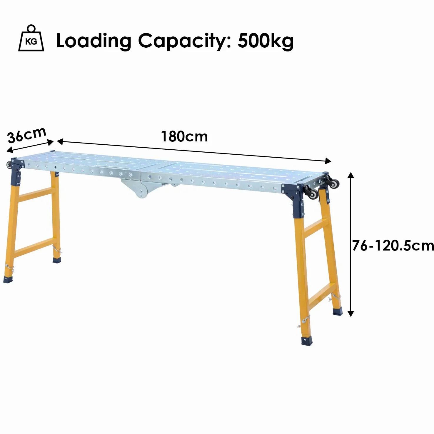 TOPWAY Piattaforma di Lavoro Pieghevole e Regolabile, Capacità di Carico di 500 kg, con 4 Ruote, Ponteggio Pieghevole per Banco di Lavoro per Lavori in Interni ed Esterni, 180 x 36 x 120,5 cm