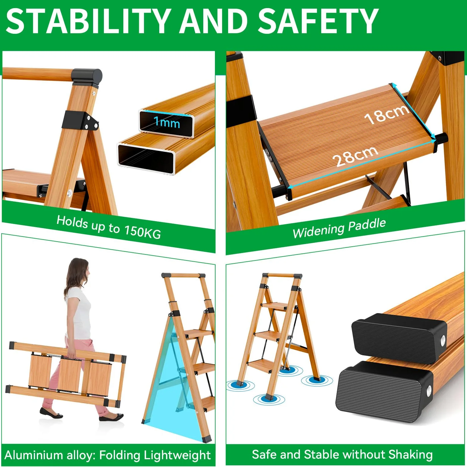 KULACO Scala multifunzione a 3 gradini antiscivolo, venature in legno, alluminio, fino a 150 kg