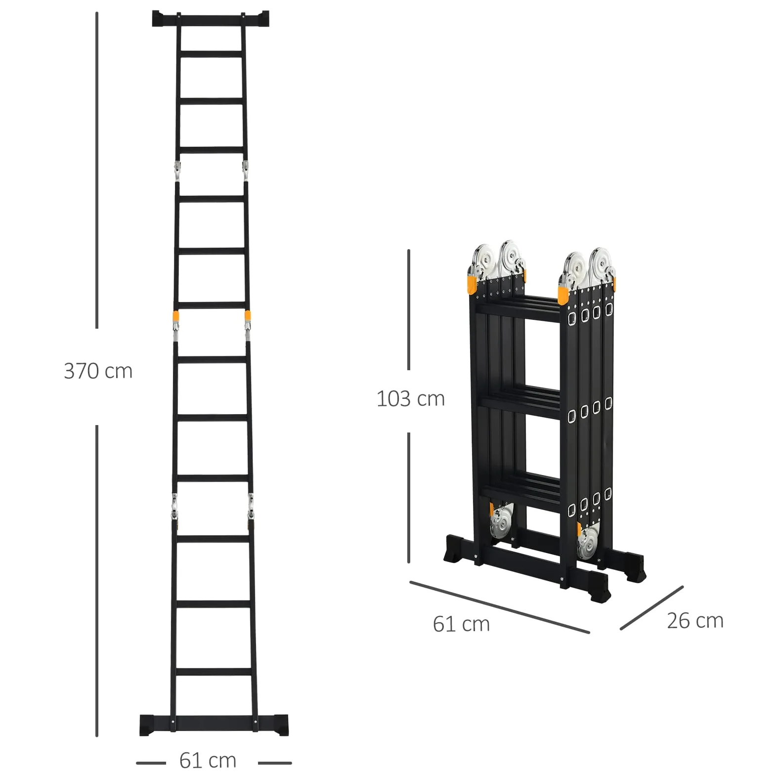 DURHAND Scala in Alluminio 5 in 1 Nera con 2 Pannelli di Sostegno, Scala Pieghevole per Interni ed Esterni, Carico Massimo 150kg, 370x61x11 cm