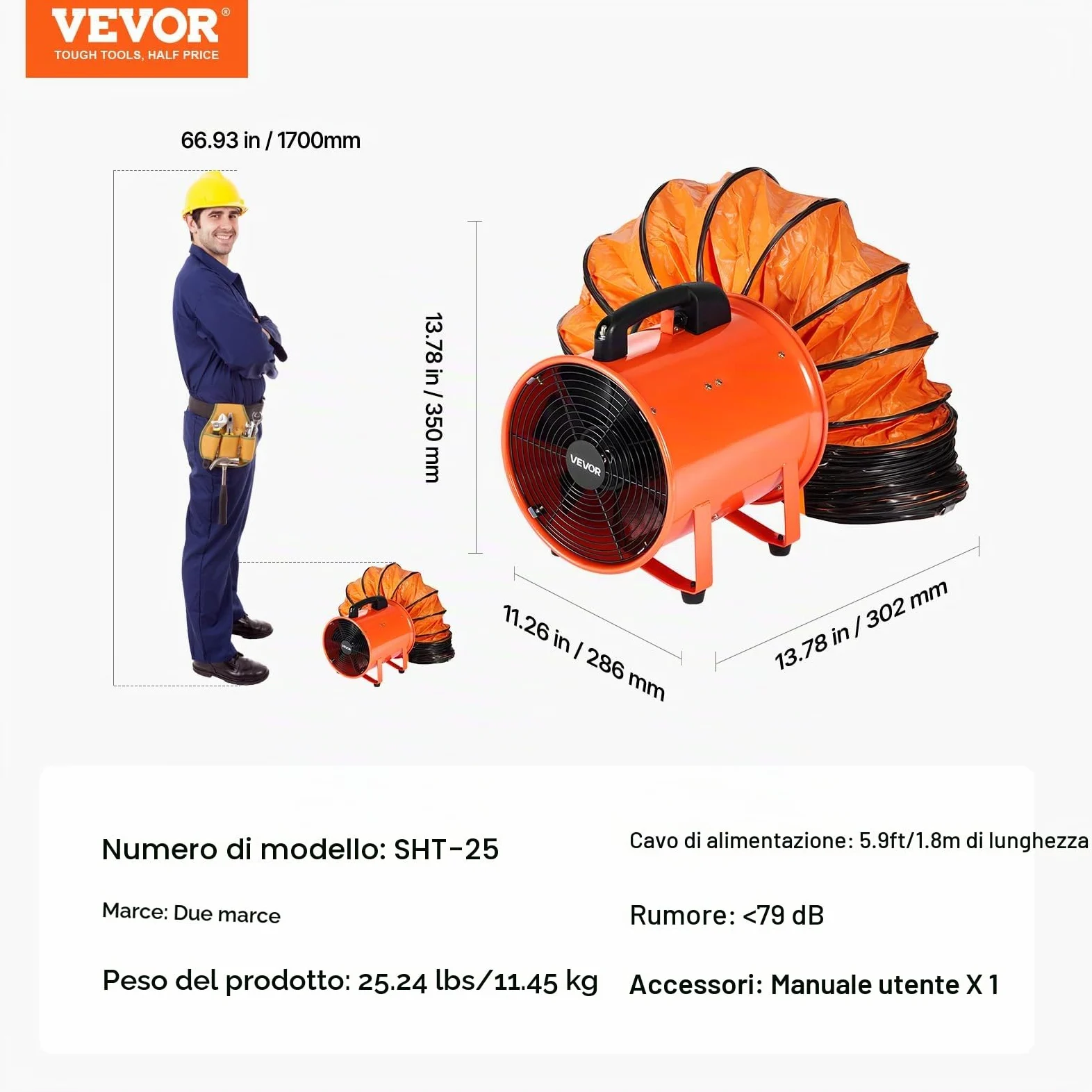 VEVOR Ventilatore Portatile, 300W Estrattore d'Aria Condotto Aspiratore Industriale 254 mm, Tubo Flessibile 10 m Volume d'Aria 1720 CFM (2922 m3/h) 2 Marce per Aspirare Polvere Fumo Impermeabile IP44