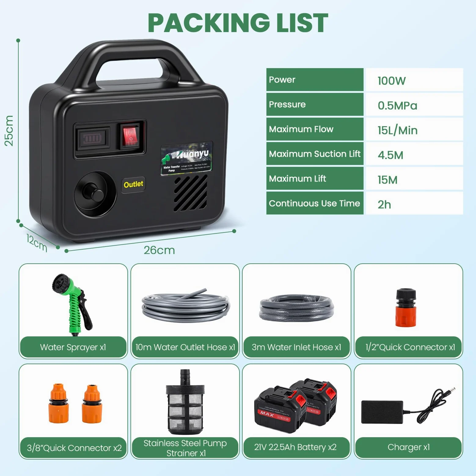 Huanyu Cordless Water Transfer Pump Pompa dell'acqua alimentata a batteria con batterie da 21V 2x22500mAh Pompa elettrica portatile con kit di tubi lunghi per l'acqua