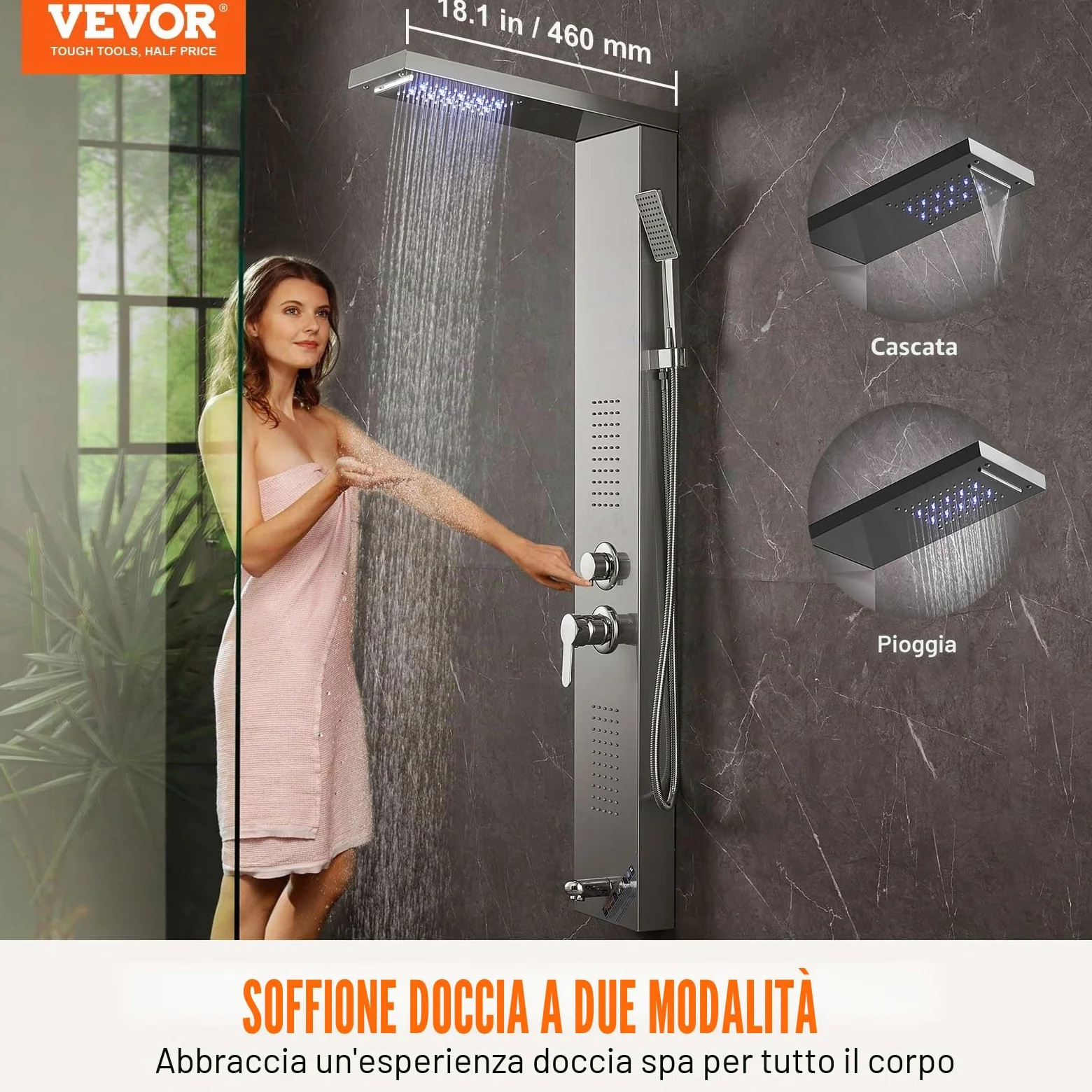 VEVOR Pannello Doccia 5 Modalità, Torre Doccia LED, Pioggia, Cascata, 2 Getti Massaggianti, Bocca Vasca, Soffione Mano, Argento Spazzolato