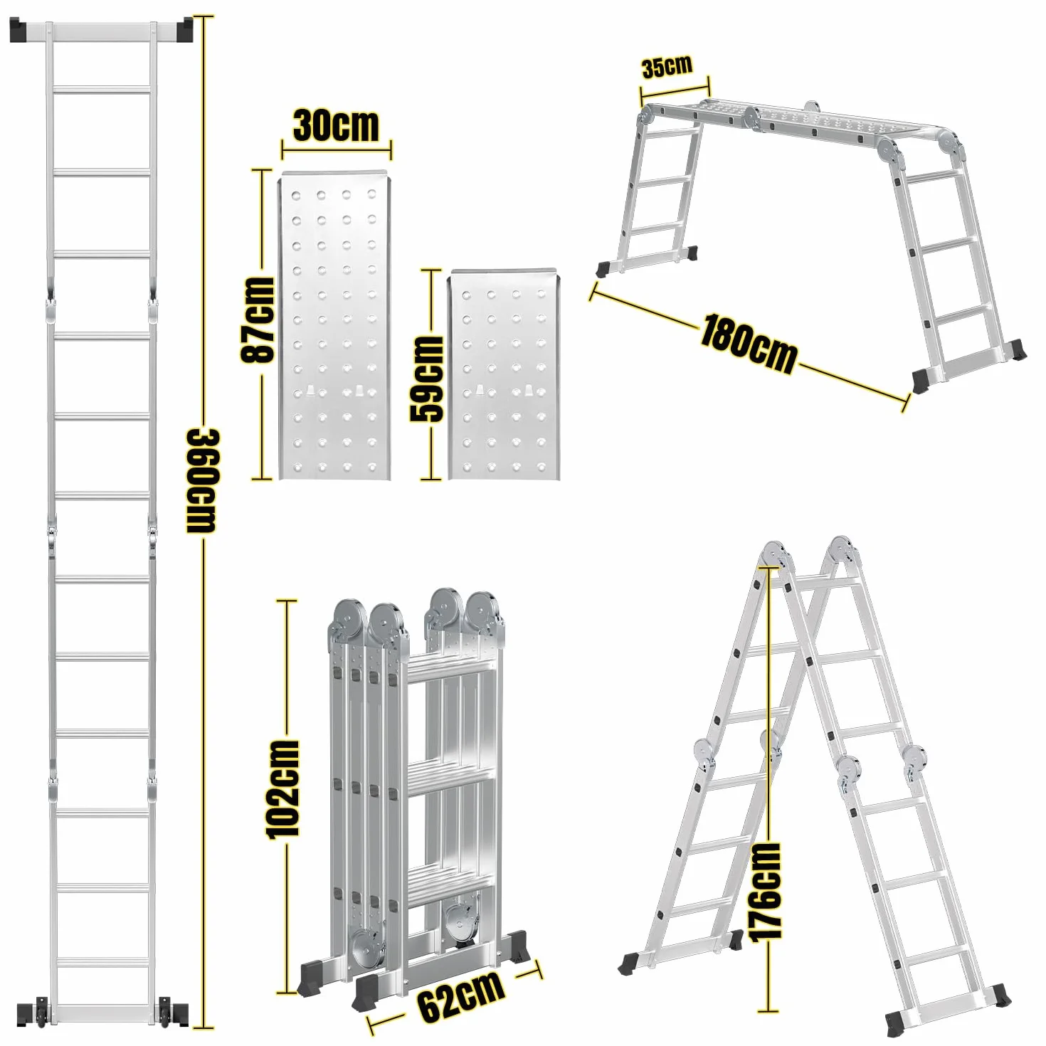Scala multiuso pieghevole 3,6 m 4 x 3 m in alluminio, 7 in 1, multifunzione, per uso professionale, con 2 piastre ponteggio e 2 ruote, portata fino a 150 kg
