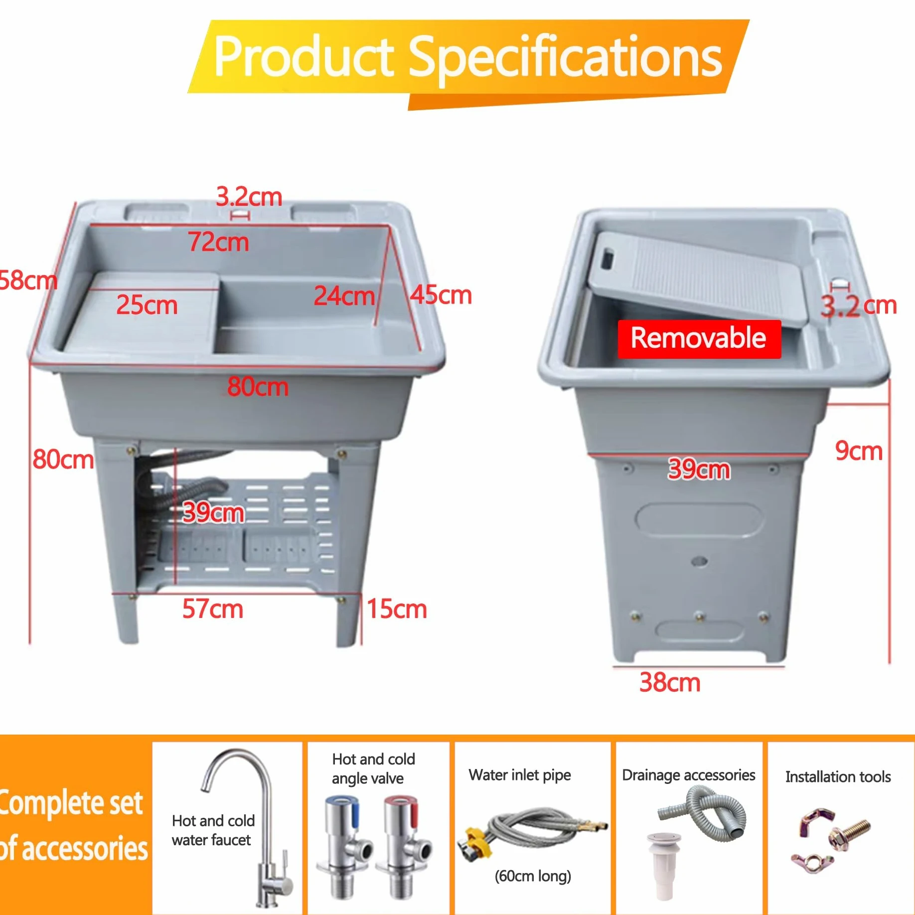 Lavello da Esterno Autoportante 80x58x80cm, Lavandino Lavanderia in Plastica con Rubinetto e Ripiano, Lavabo Portatile per Giardino e Campeggio, Grigio
