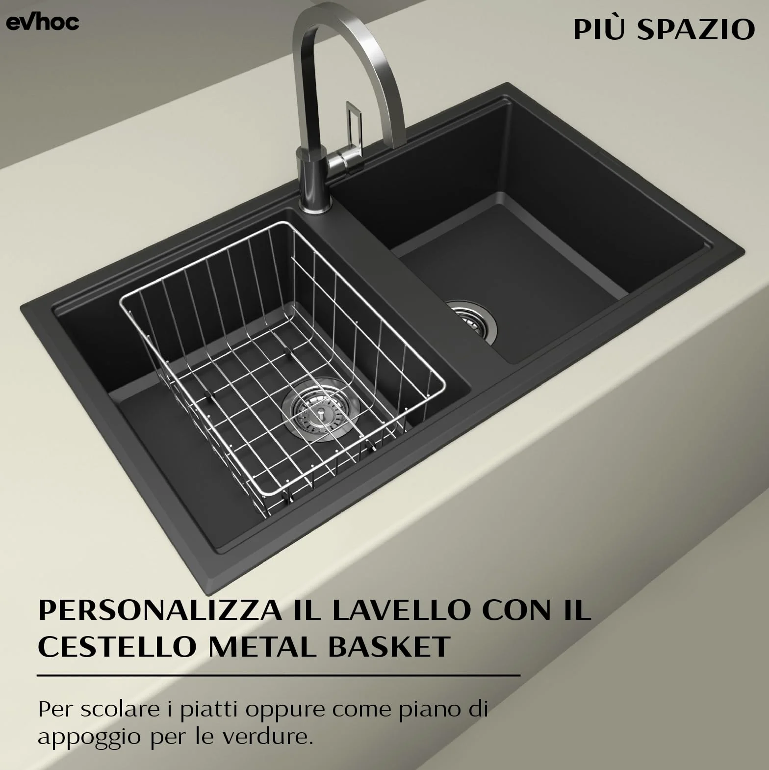 Evhoc Lavello Cucina Sopratop 86x51 cm, 2 Vasche, Lavandino Doppia Vasca in Kuarzite, Piletta Inclusa, Made in Italy, Nero, ADHOC M
