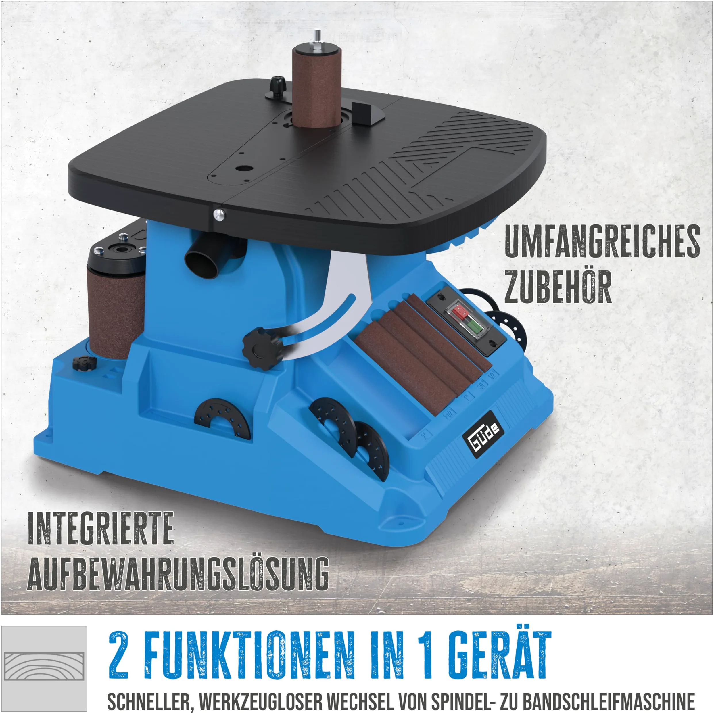 Güde Smerigliatrice a nastro GSBSM 500 (230 V, 500 W, 2000 min-1, velocità del mandrino, 8 m/s, oscillazione, dispositivo 2 in 1, conversione senza attrezzi, tavolo regolabile 0-45°, accessori inclusi