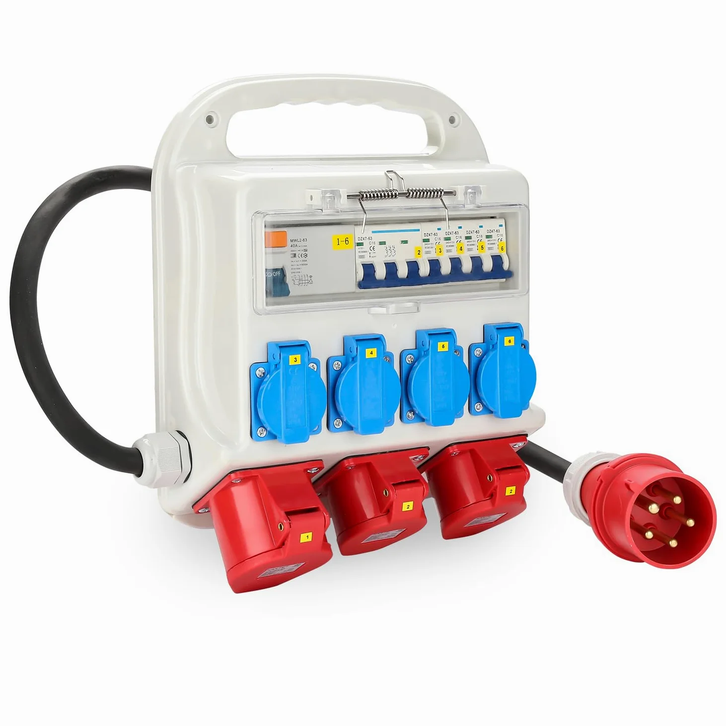 Fiqops Distributore di corrente da costruzione 32a, distributore di corrente 4 x 230 V, 2 x 16 A, 1 x 32 A, 400 V, CEE a 5 poli, con interruttore FI/LS, IP44 con coperchi di sicurezza e tubo,