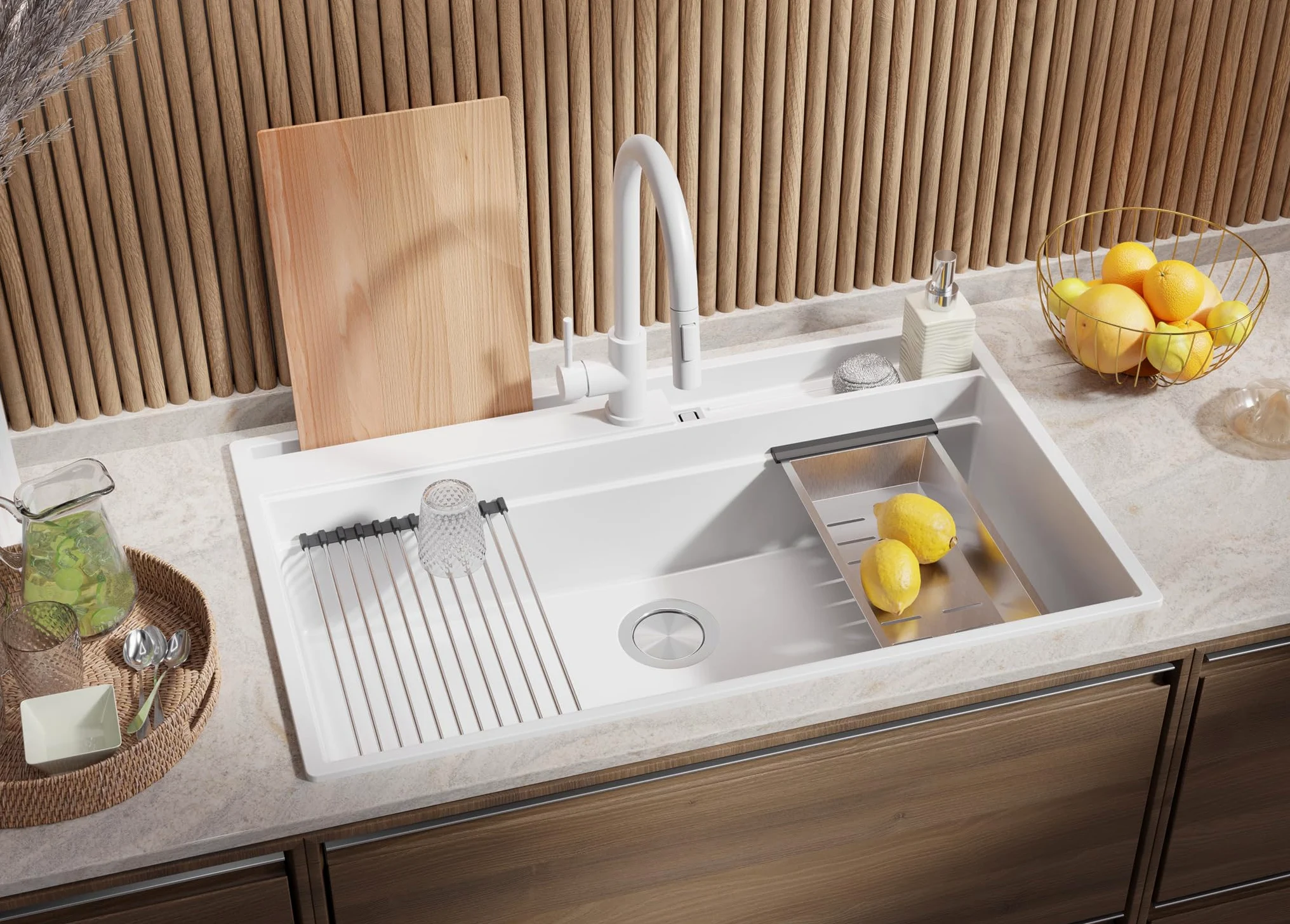PRIMAGRAN Lavello da Cucina Bianco 88x53cm, Lavandino in Granito a 1 vasca + Sifone Classico, Lavabo da Cucina Incasso al Mobile 90cm - Oslo 90 Pocket S456