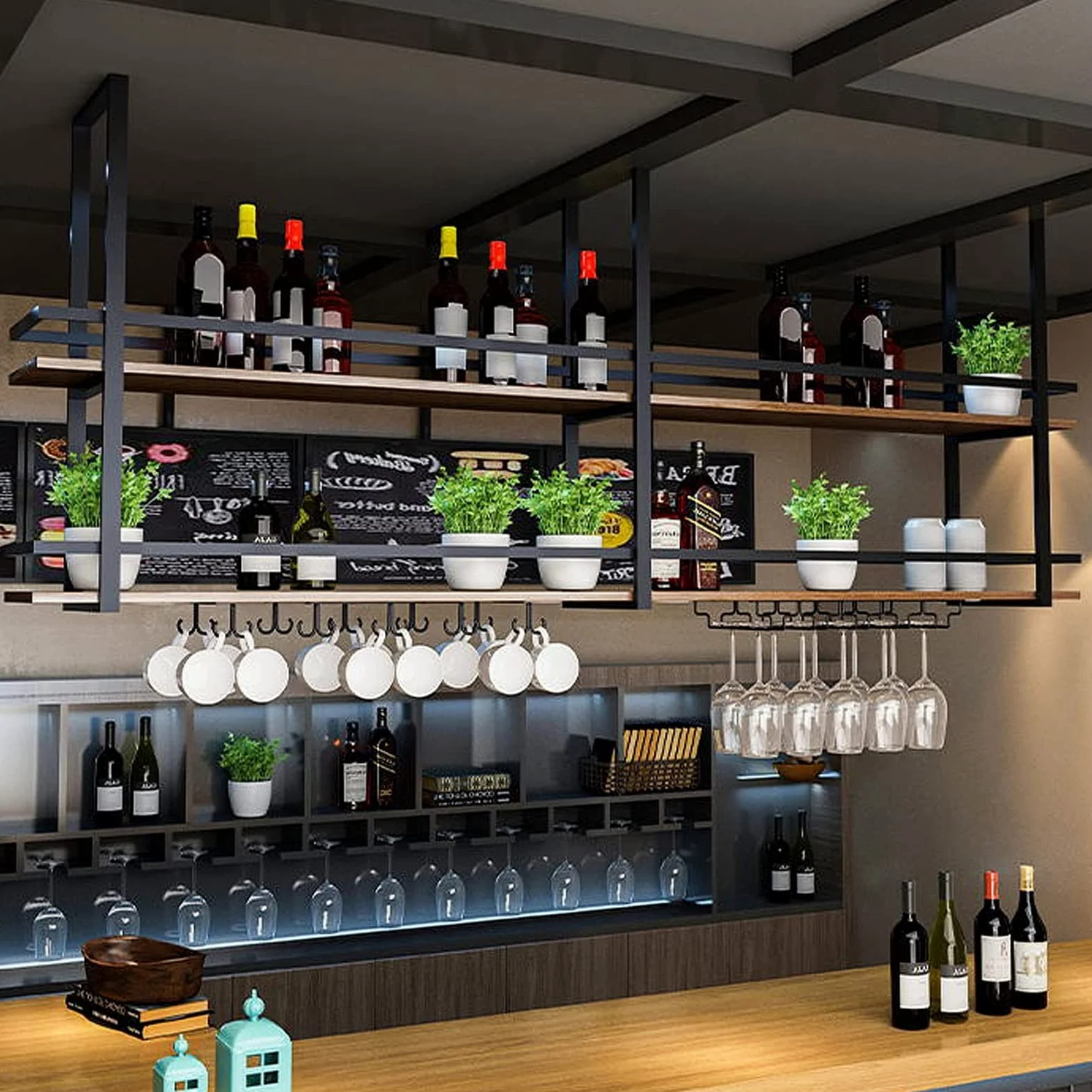 Mensole da Muro di Soffitto in Legno Massello - Porta Bottiglie di Vino A Appeso - Porta Piante Ferro Battut Montato A Parete - Scaffale per Vino con Ringhiera - Installazione Semplice