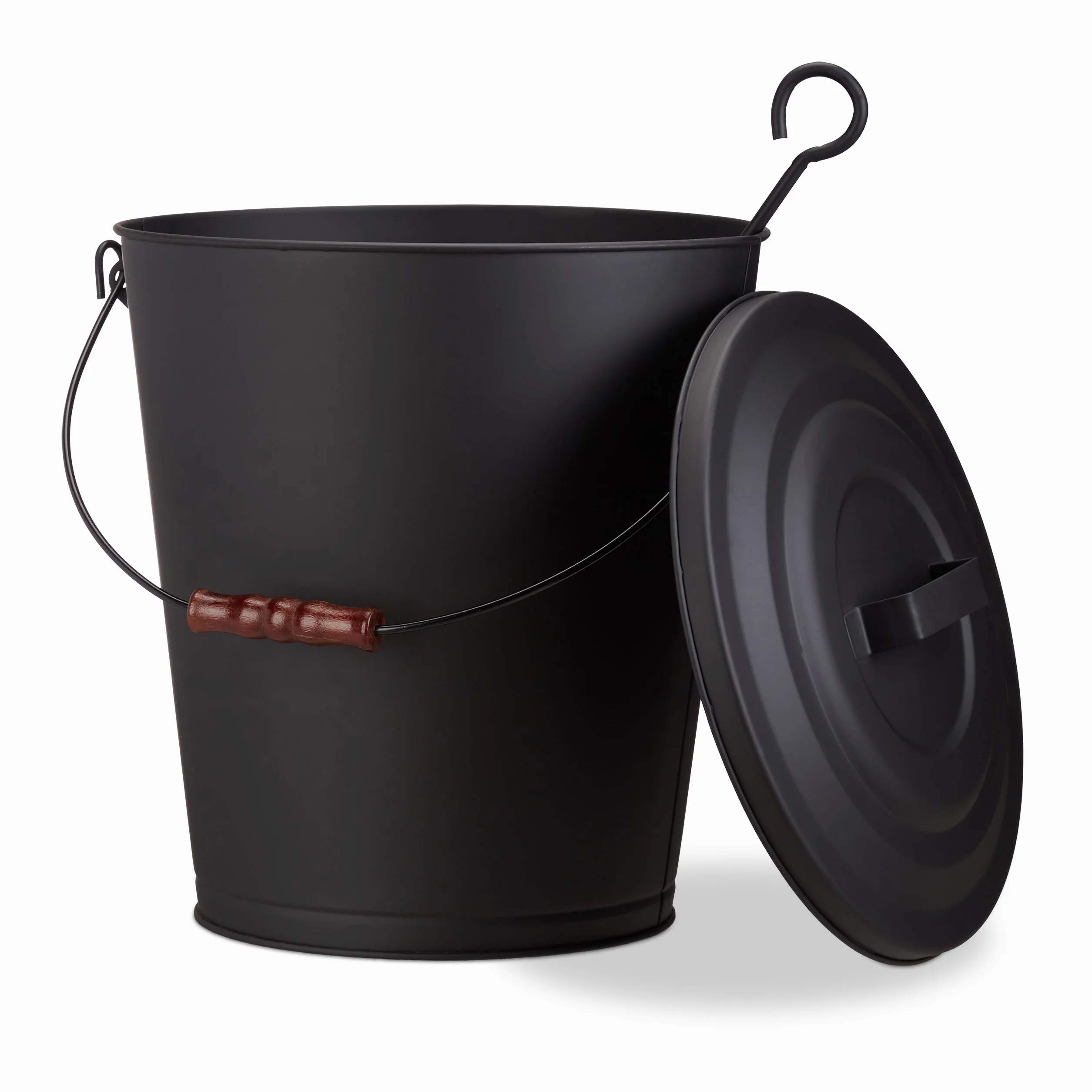 Relaxdays Secchio Raccogli Cenere con Coperchio, da 24 L, Coperchio con Manico & Impugnatura in Legno, Nero
