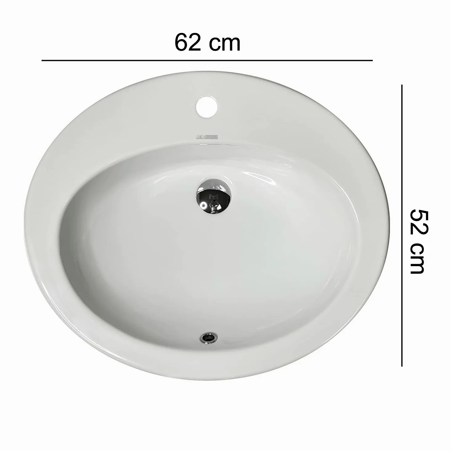 LAVABO Incasso TONDO Ceramica - Lavandino Soprapiano OVAL L. 62 x 52 cm Monoforo Pred. a 3 Fori