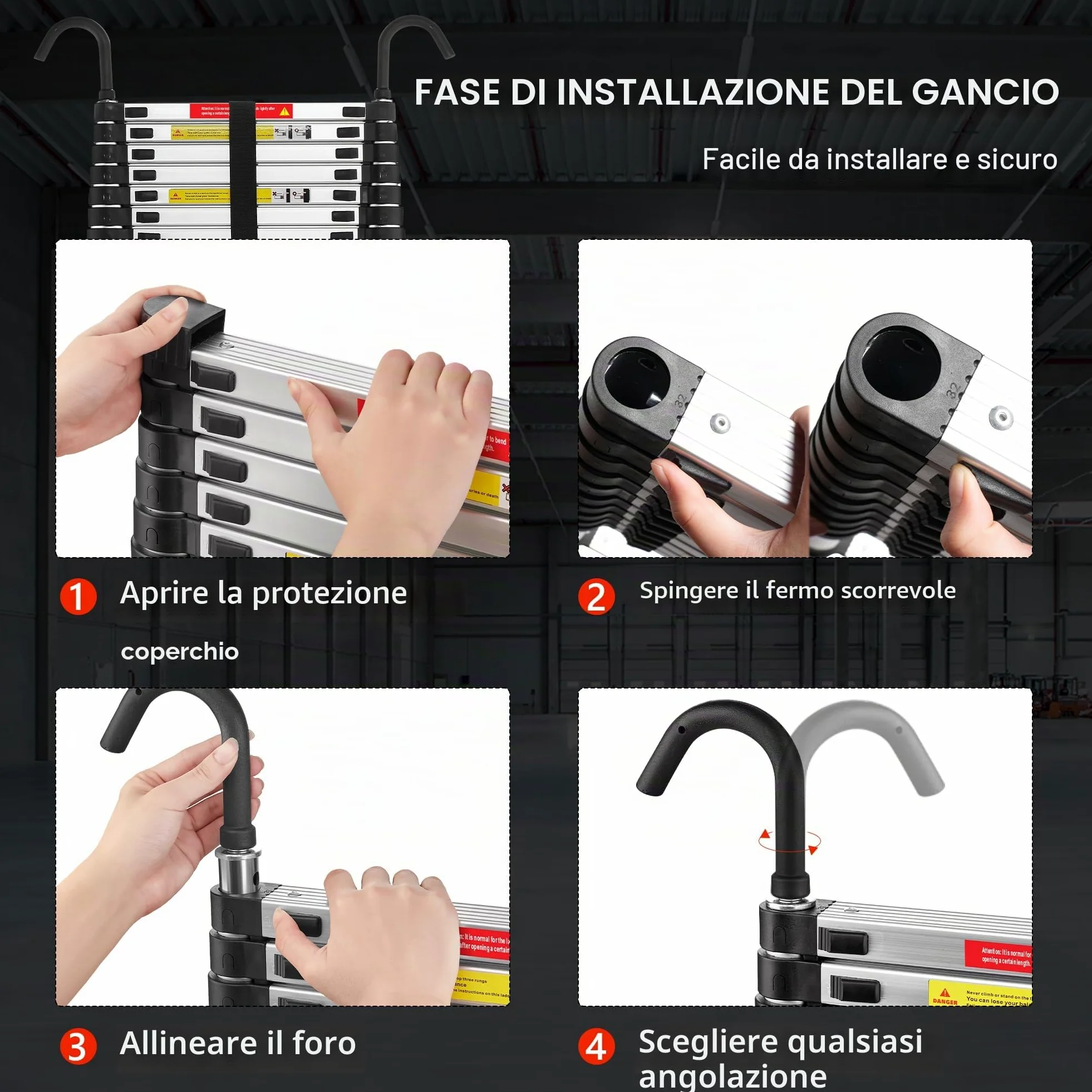 TEENO Scala Telescopica 6,2 M, Scala Telescopica in Alluminio con Barra Stabilizzatrice e Gancio Rimovibile, Scala Pieghevole Portatile per Riparazioni Domestiche, Carico Max 150 KG