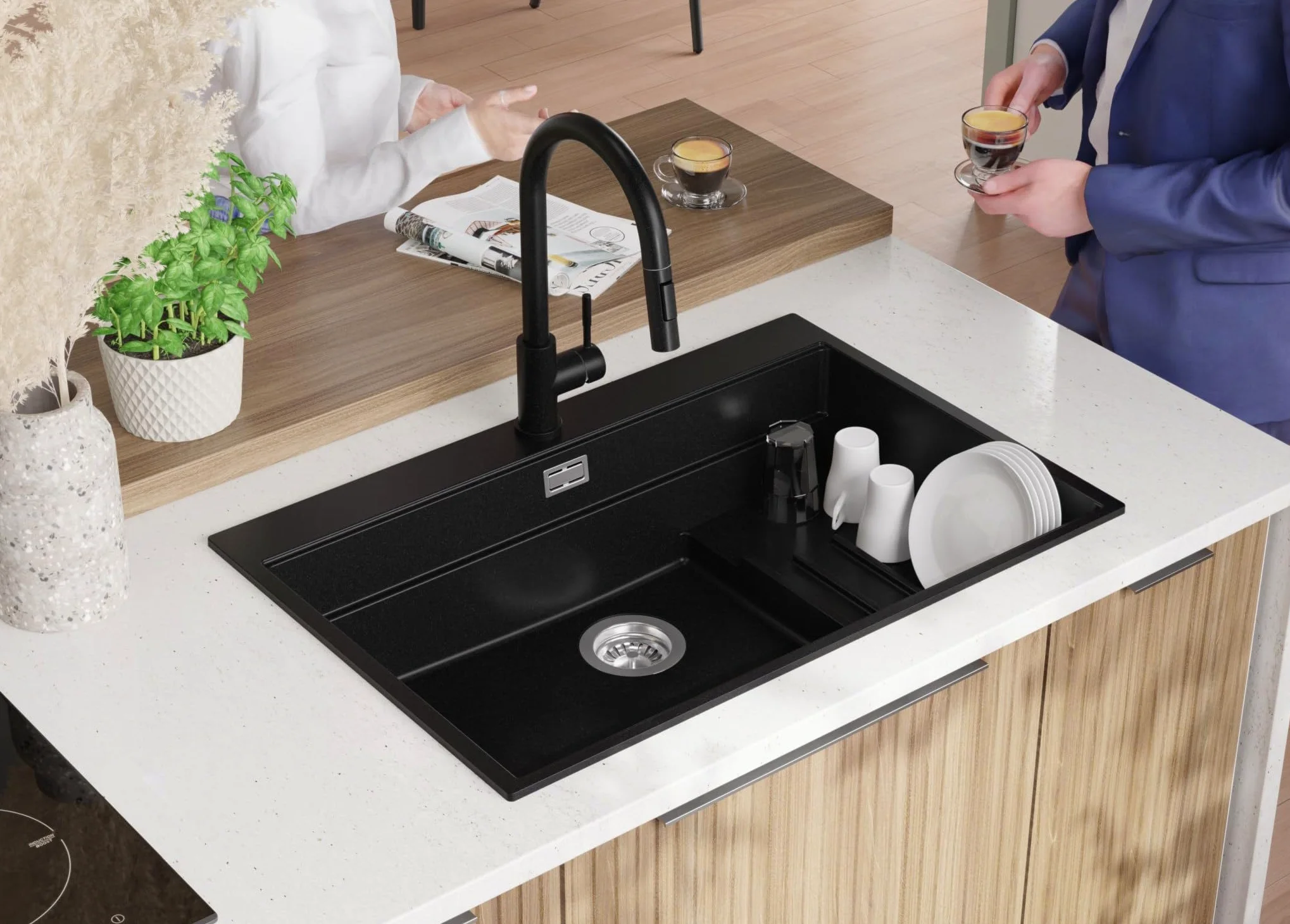 PRIMAGRAN Lavello da Cucina Nero 78x53cm, Lavandino in Granito a 1 vasca + Sifone Classico, Lavabo da Cucina Incasso al Mobile 80cm - Oslo Max Step S095